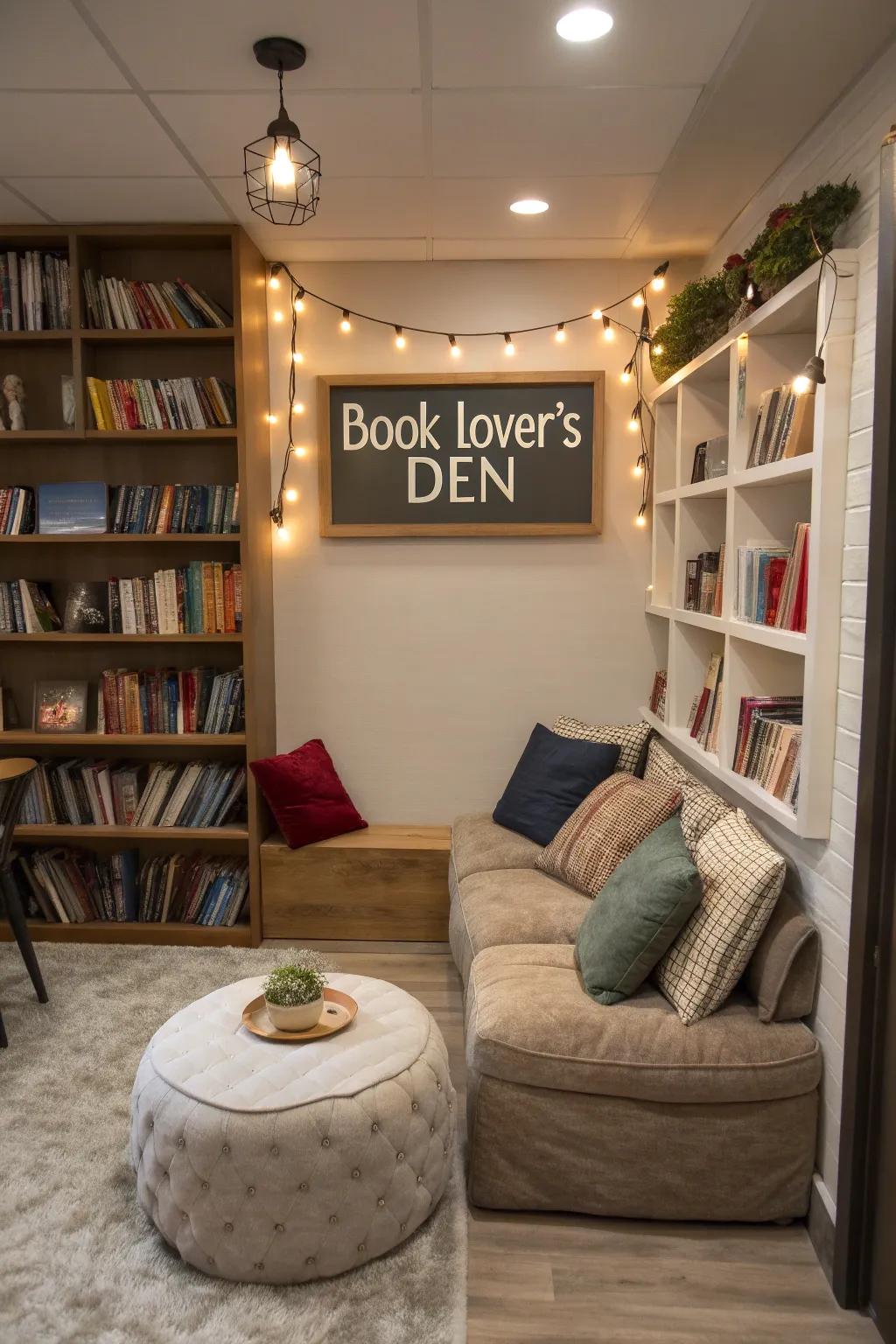 A comfy reading area features a cozy nook sign stating 'Book Lover's Den' and soft seating.