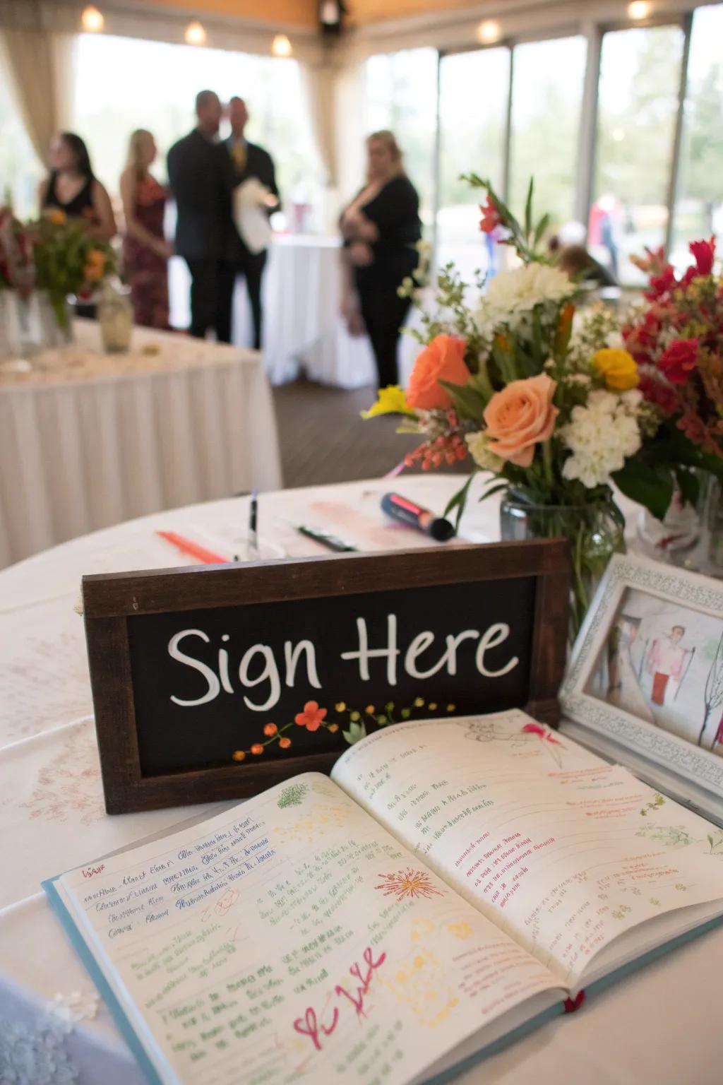 A guest book allows for heartfelt messages and well-wishes from guests.