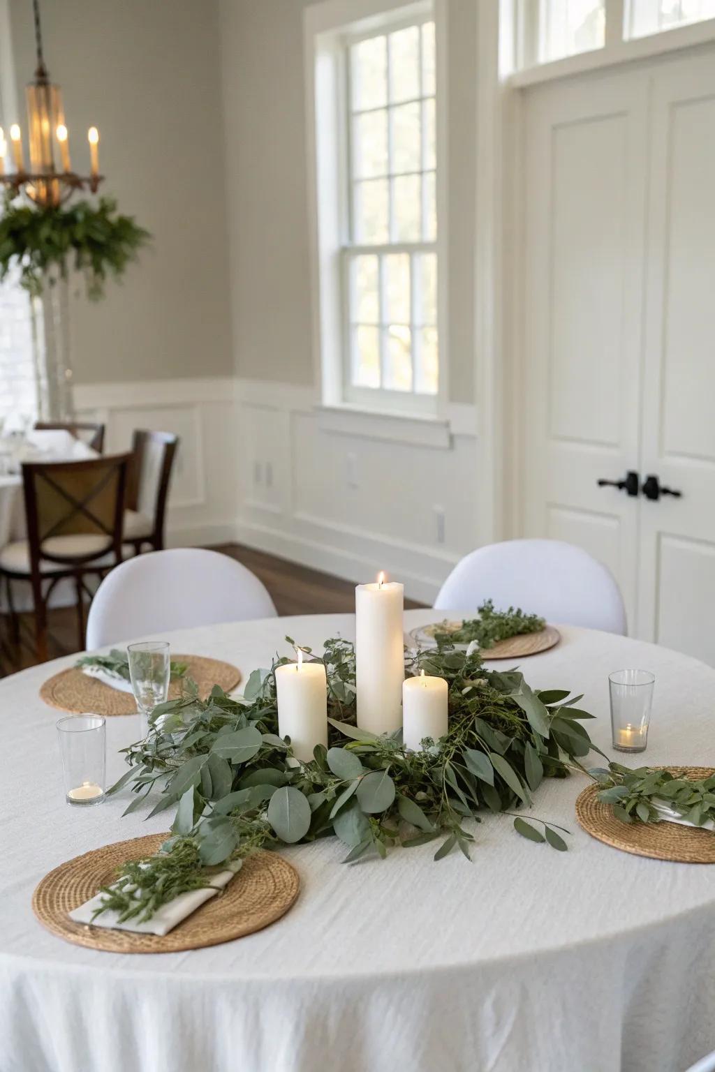 Eucalyptus and white lights craft a fresh and sophisticated centerpiece.