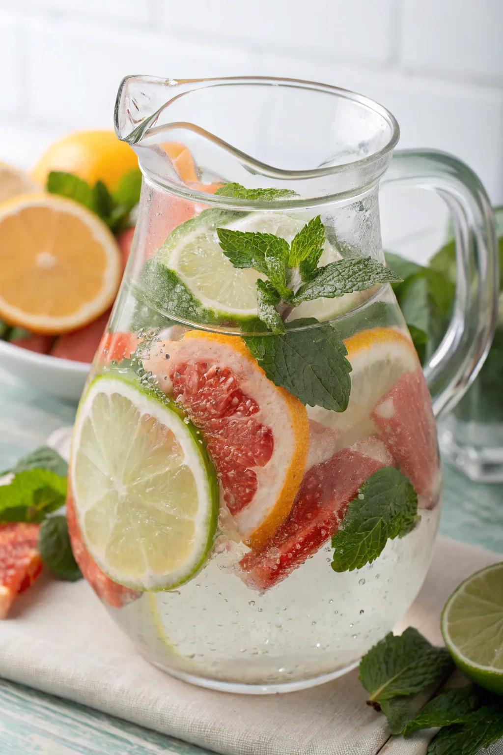 Fruit-enhanced water serves as a revitalizing addition.