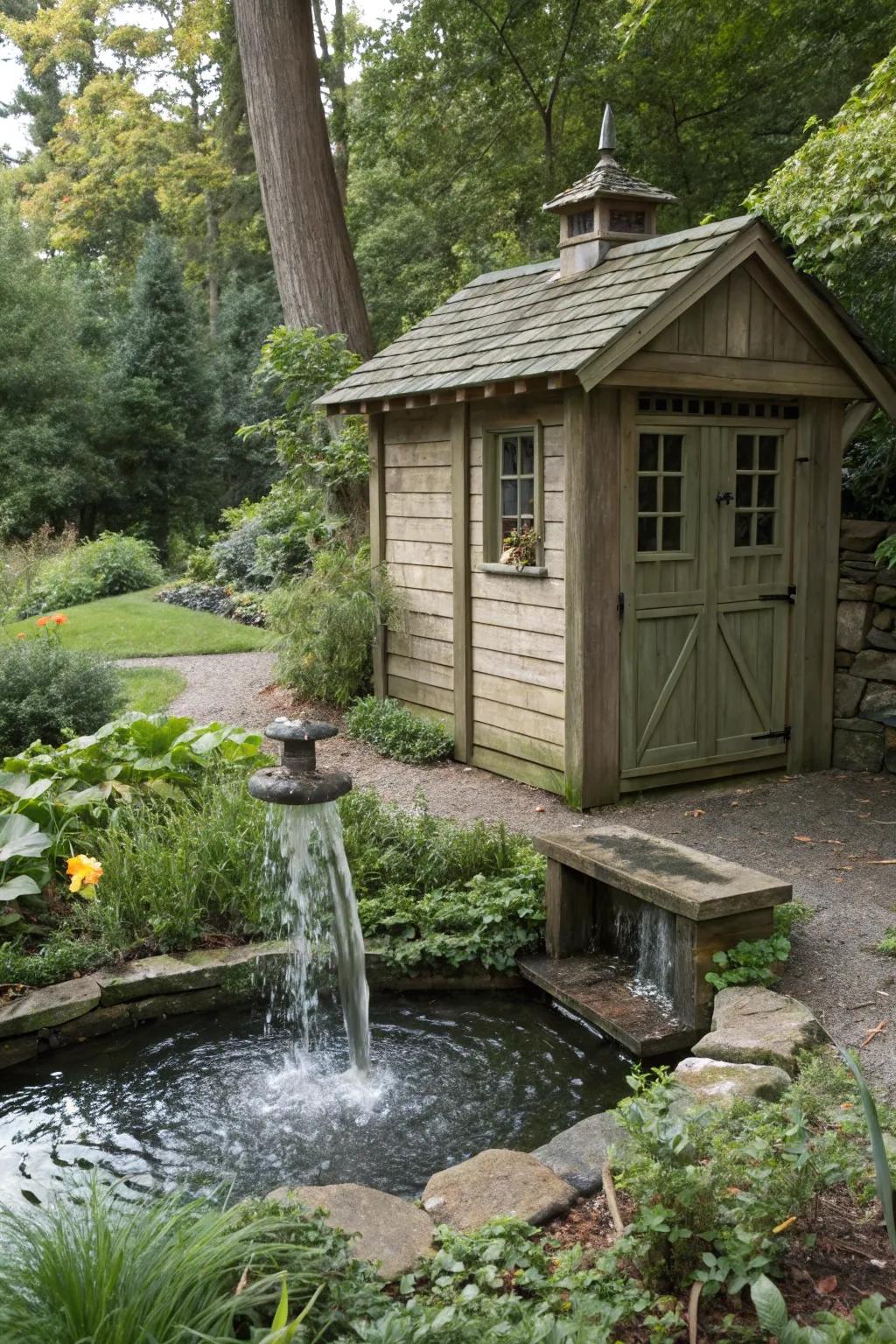 An aqua element contributes tranquility and elegance to your shed&rsquo;s landscape.