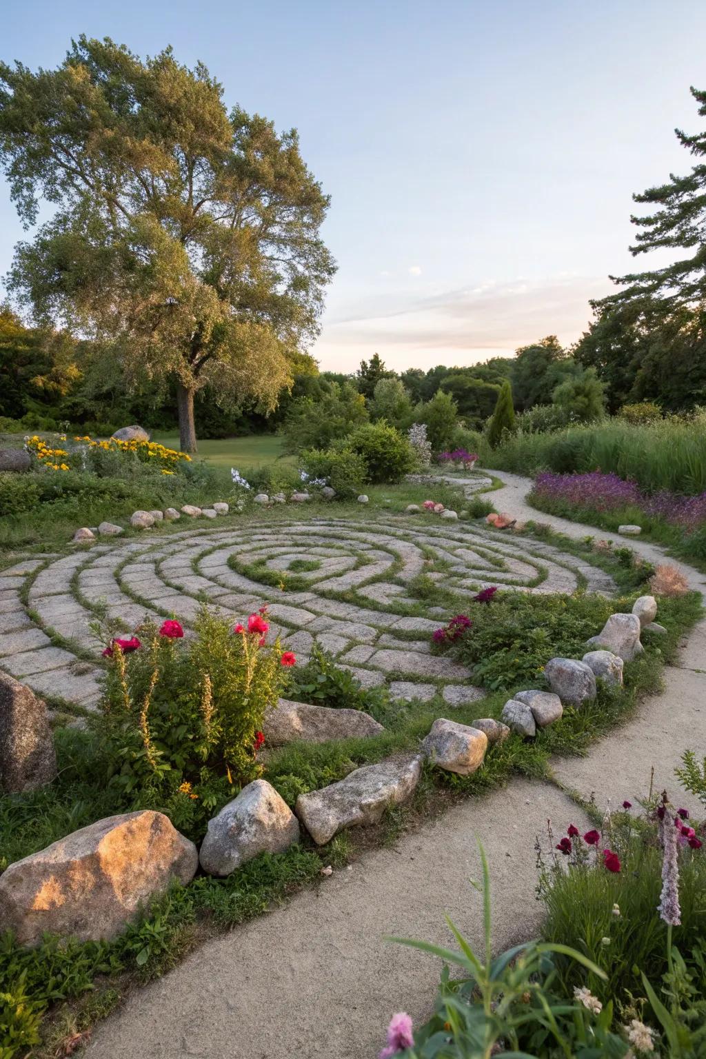 Stone mazes invite exploration and meditation in gardens.