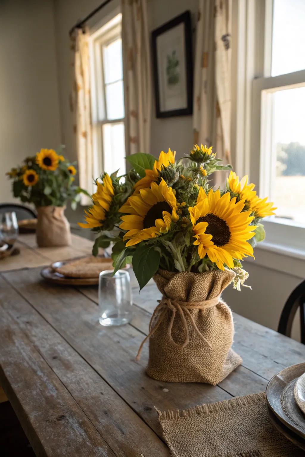 Rugged textile and sunflowers fashion a country, inviting centerpiece.