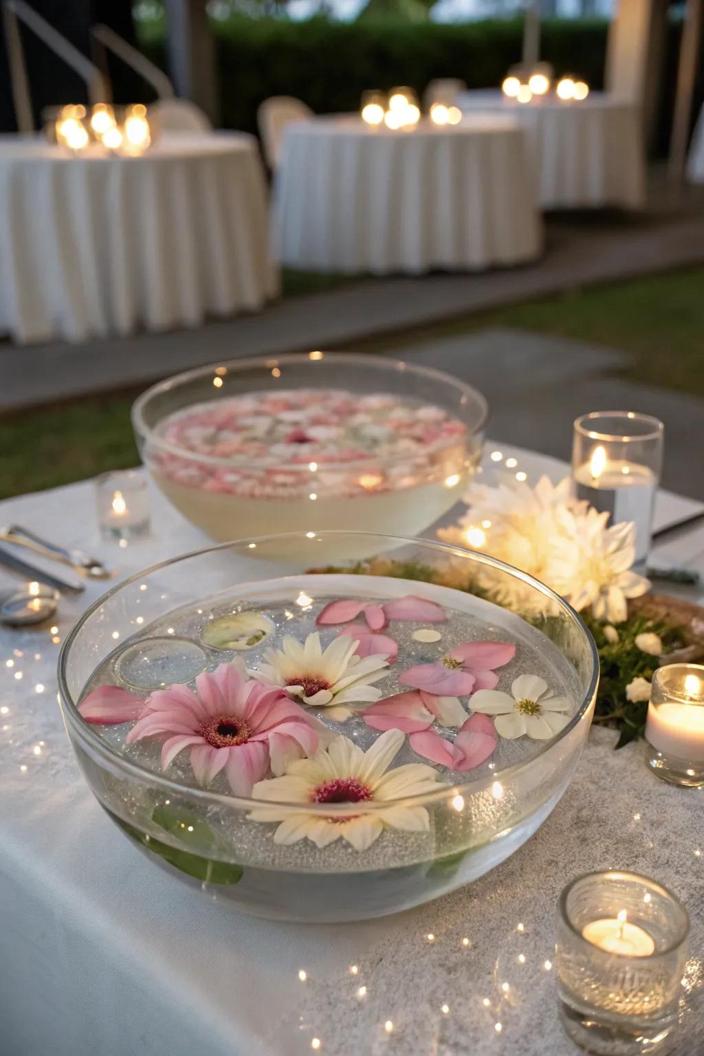 Floating blossom bowls establish an uncomplicated yet stunning central piece.