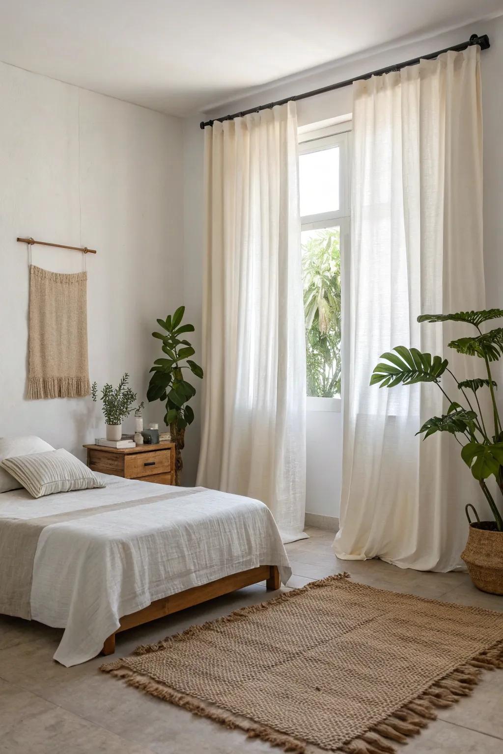 Organic cotton drapes offer a sustainable and stylish choice for this minimalist bedroom.