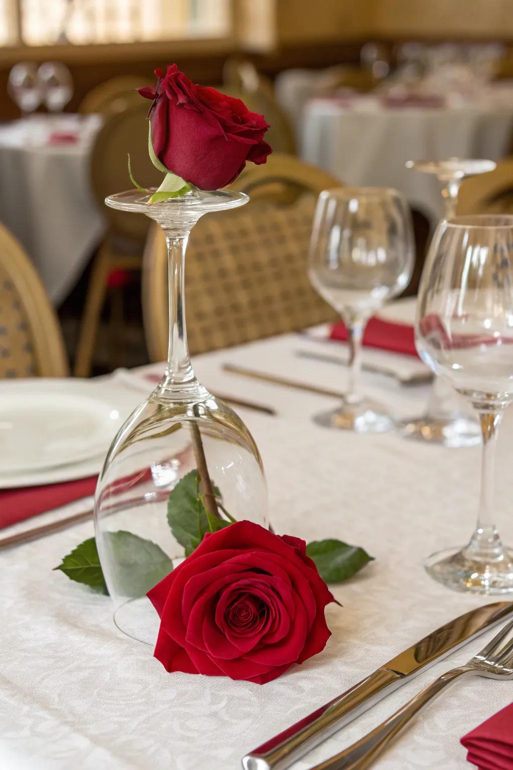 An inverted wine glass functions as an exclusive vase intended for a rose.