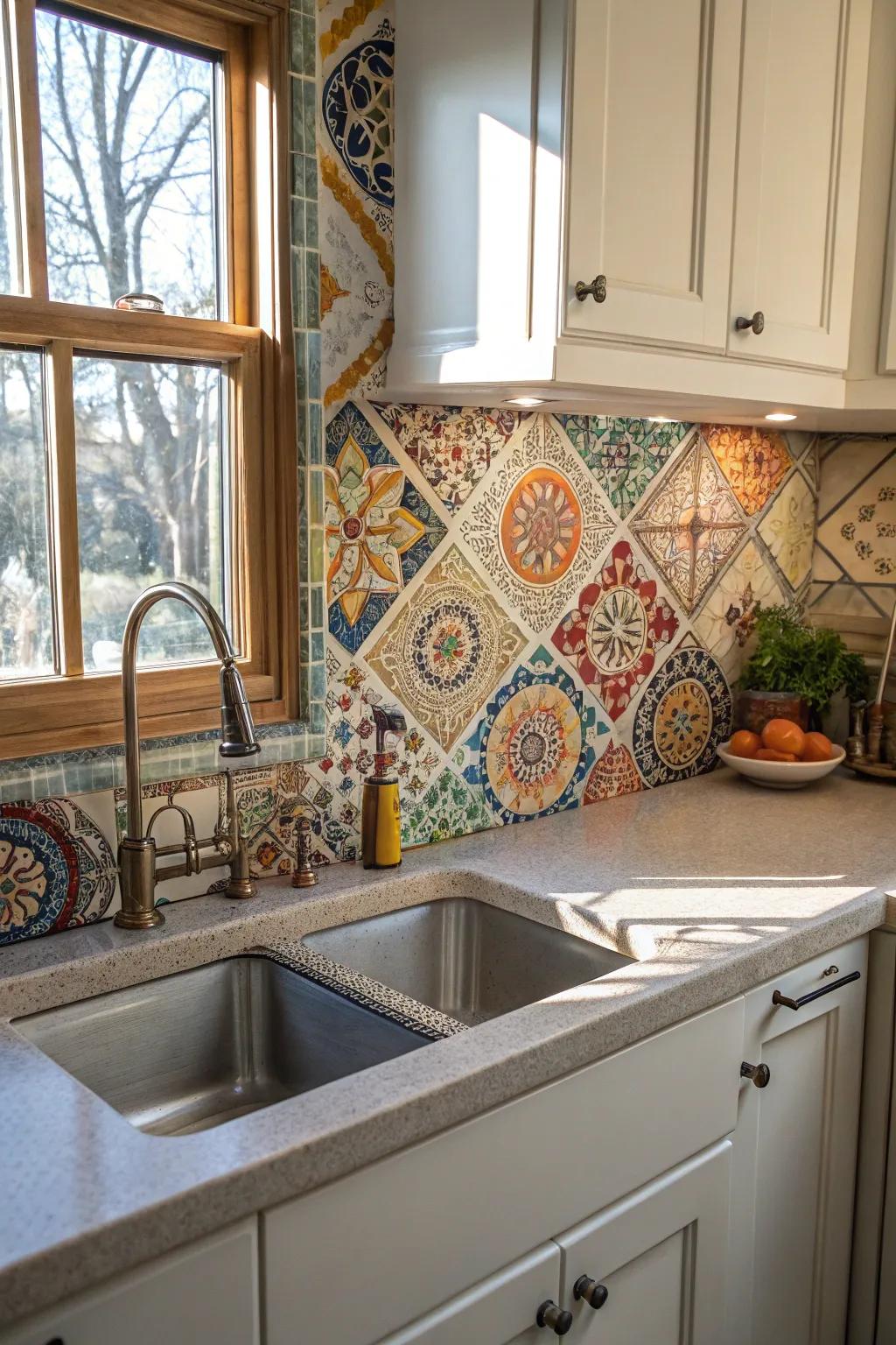 Creative layout surfaces create a unique and captivating cooking area backdrop.