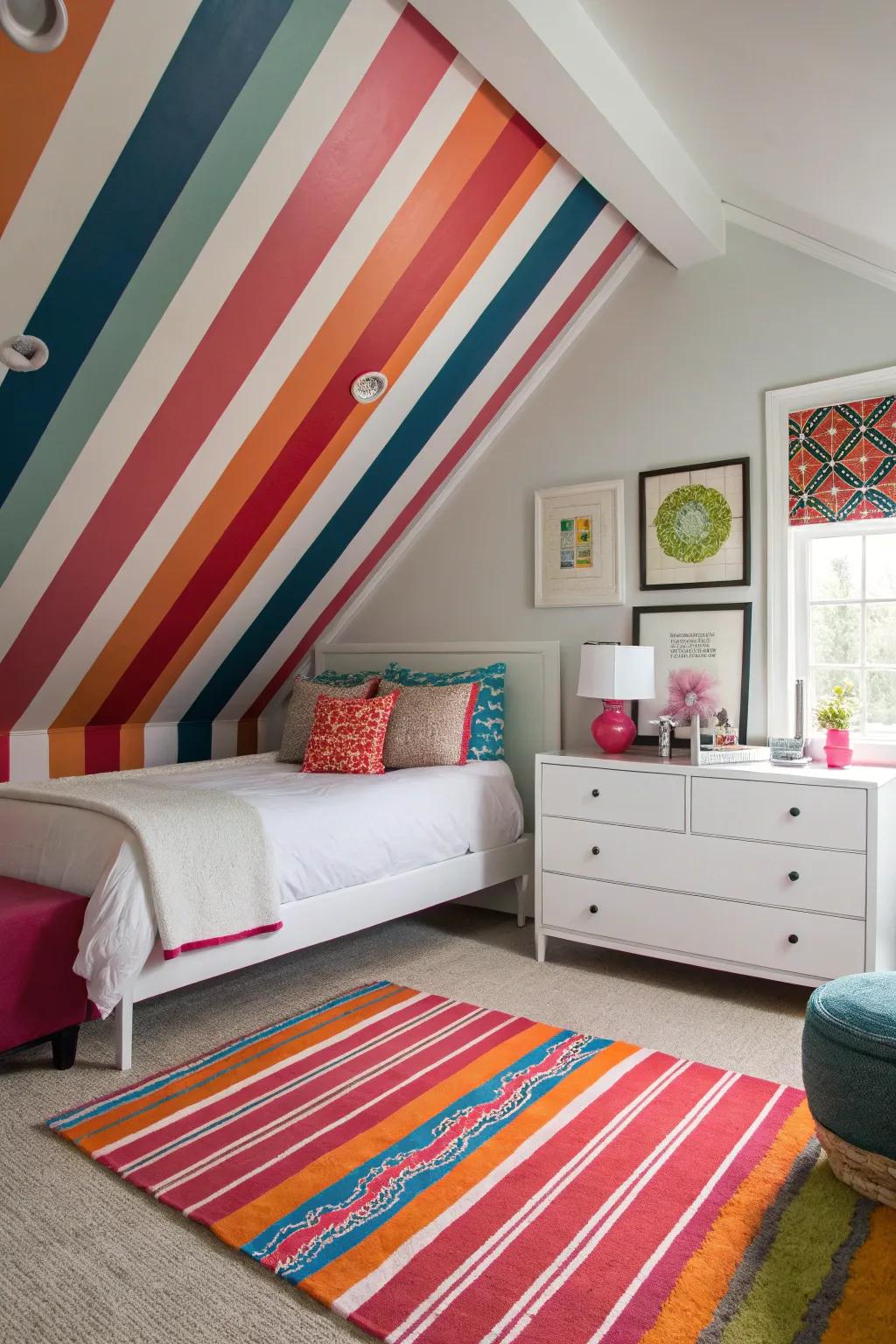 Stripes contribute energy and modern style to this dynamic bedroom.