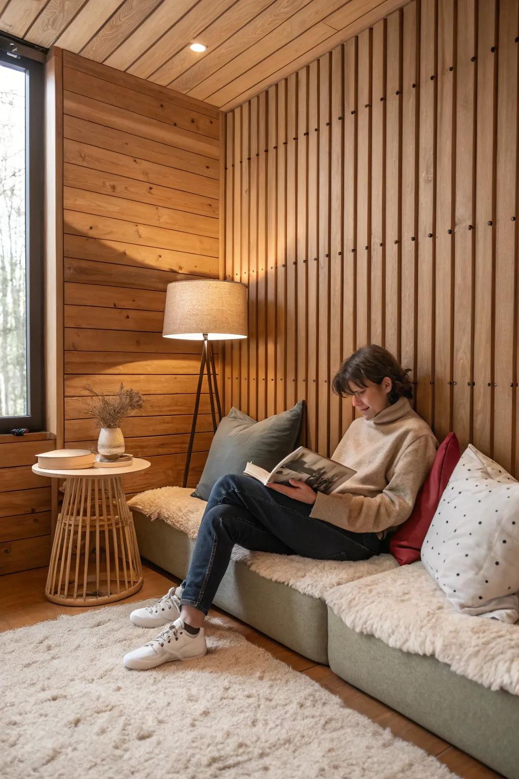 A cozy reading nook improved using a warm wood-look plank wall.