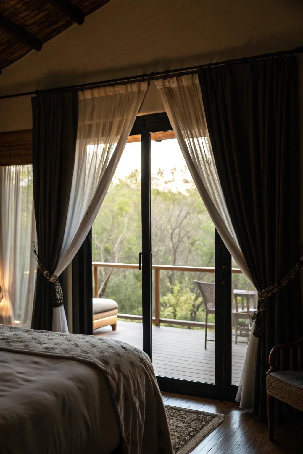 Room darkening drapes offer complete privacy and darkness.