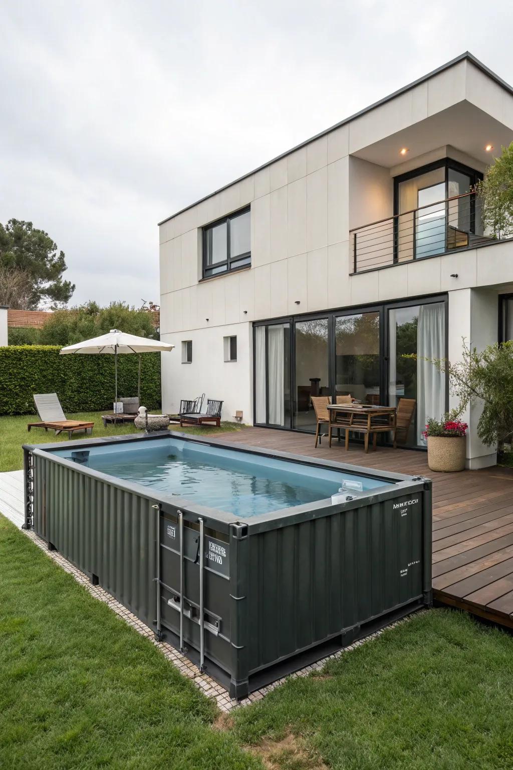A modern above-ground pool fashioned from a shipping container.