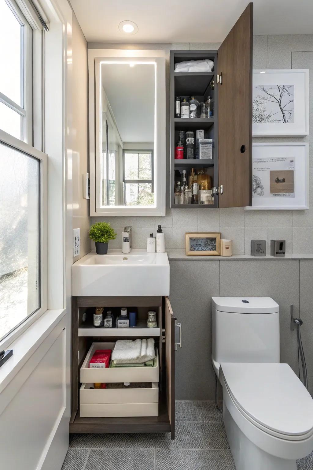 Hidden storage keeps a small bathroom organized.