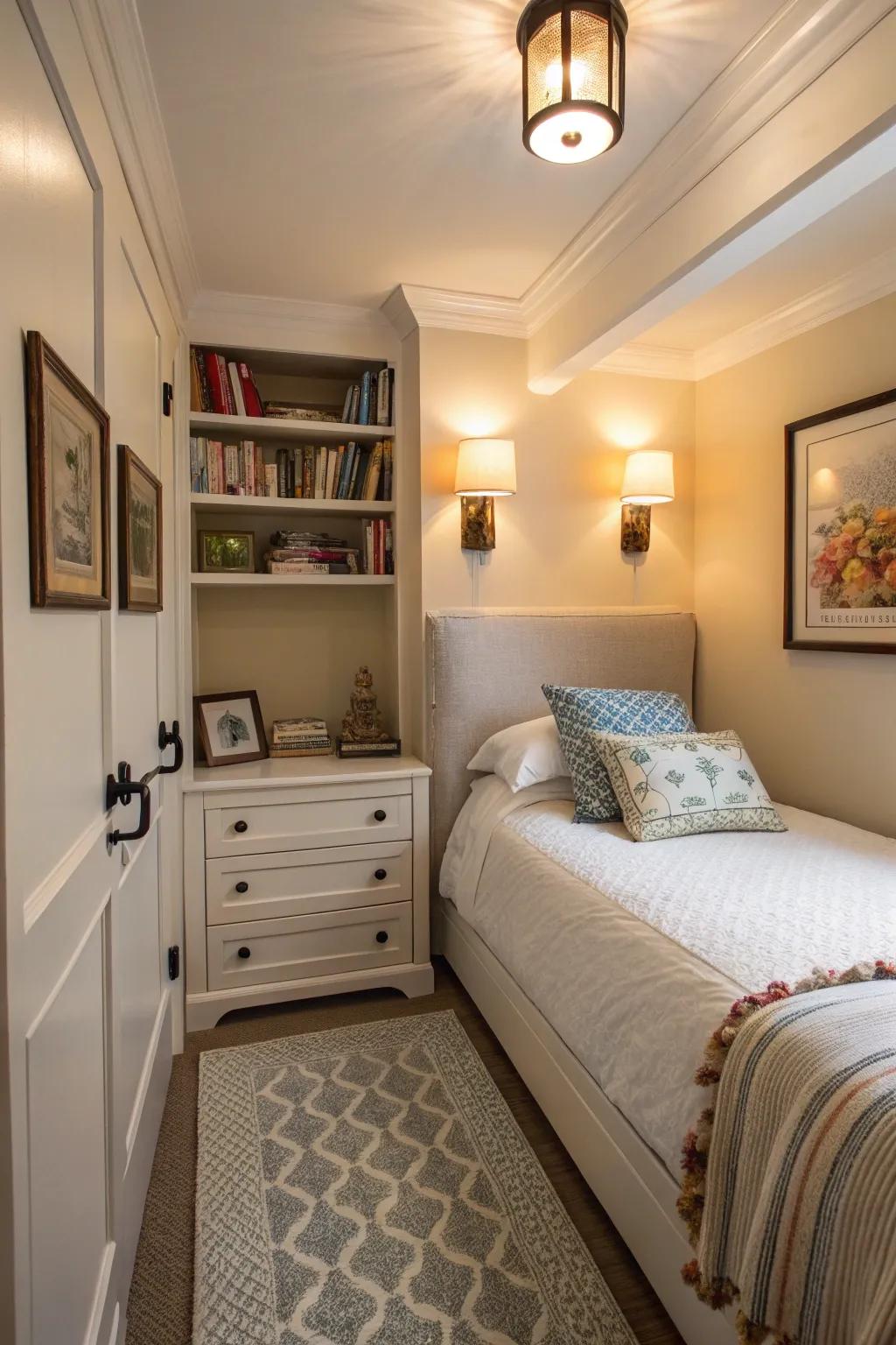 A compact bedroom using wall lights to save space and add light.