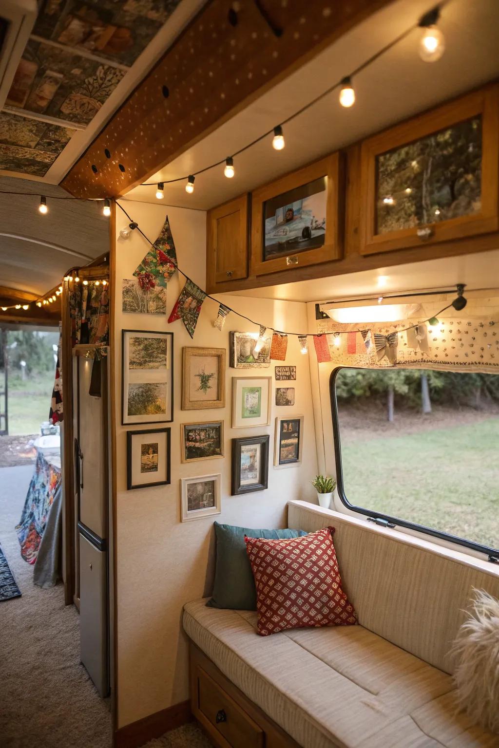 Personal touches like art and photos add warmth to a camper interior.