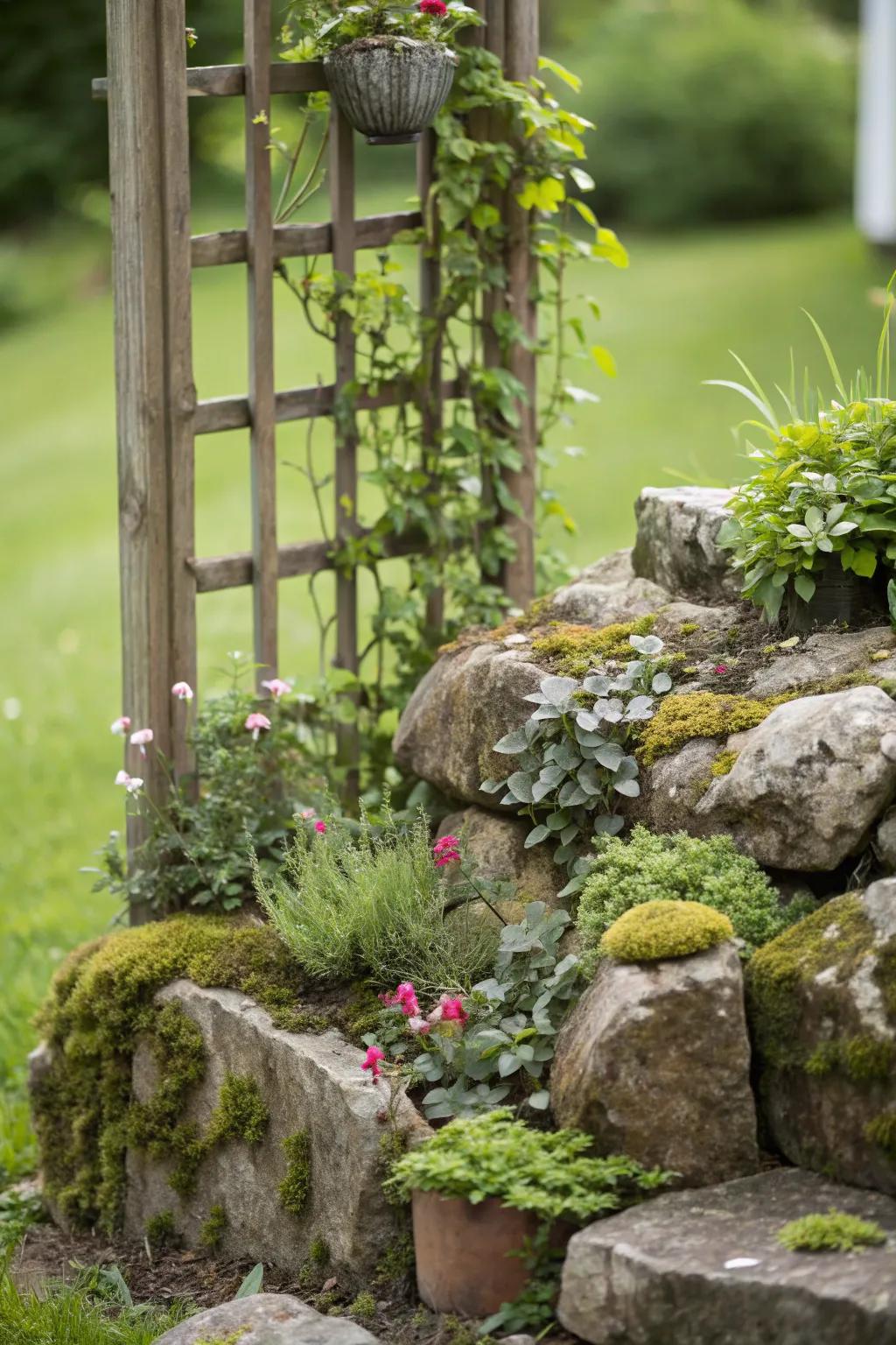 This corner stone garden is enhanced by vertical greenery.