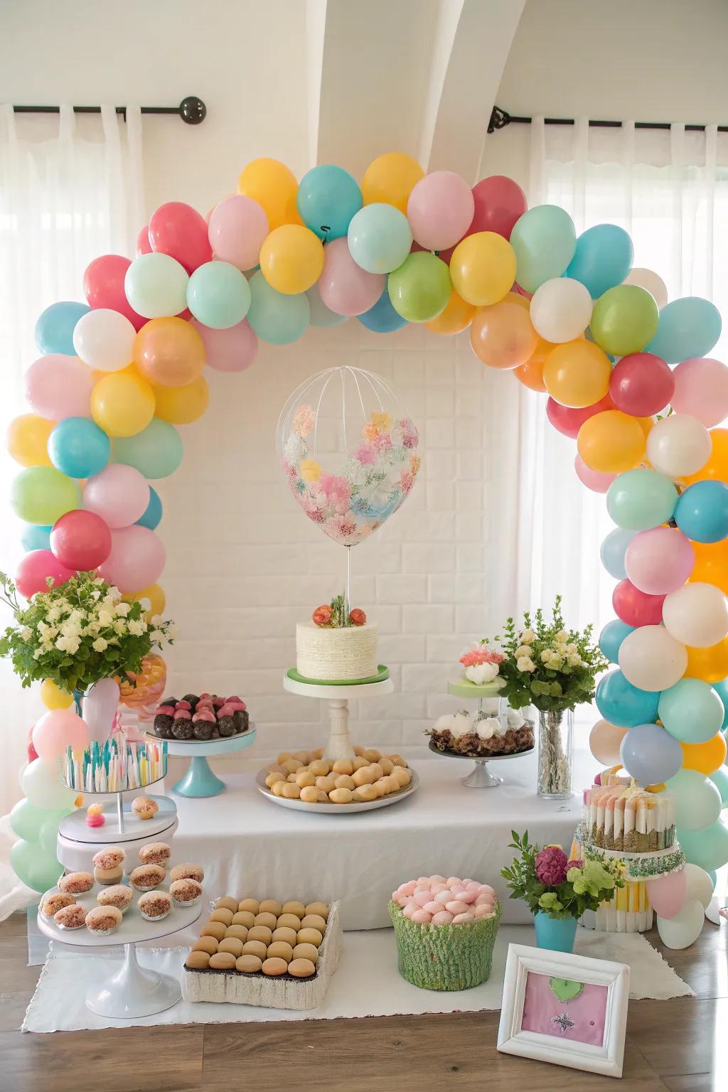 A celebratory balloon backdrop that elevates the sweets area.
