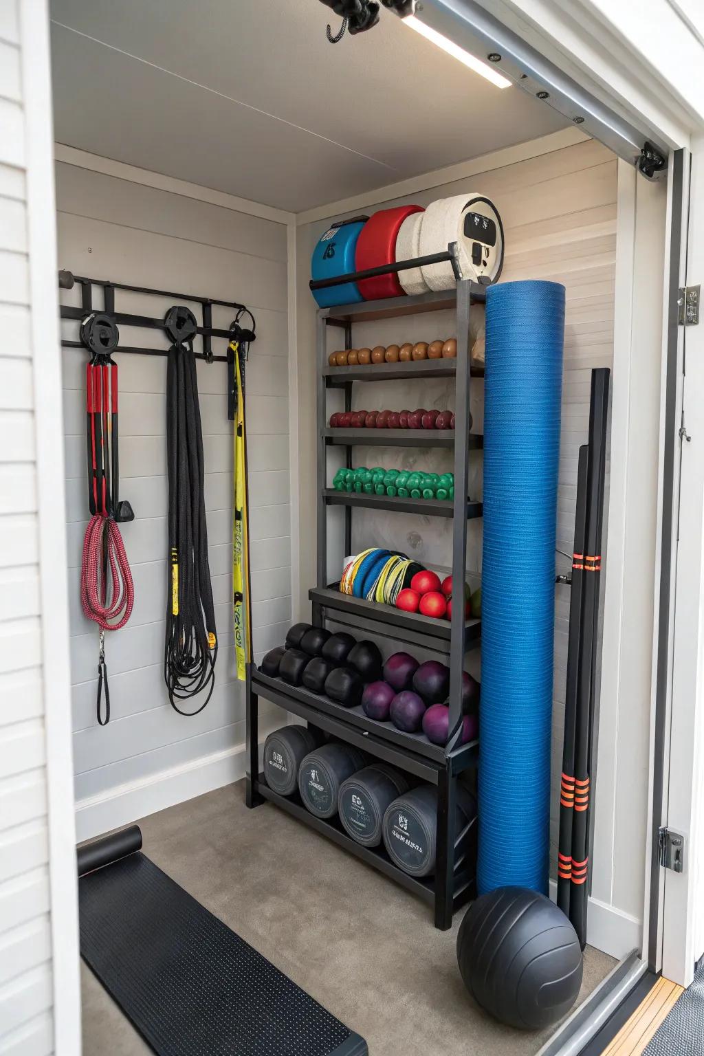 Standing storage racks are excellent for saving space in small gyms.