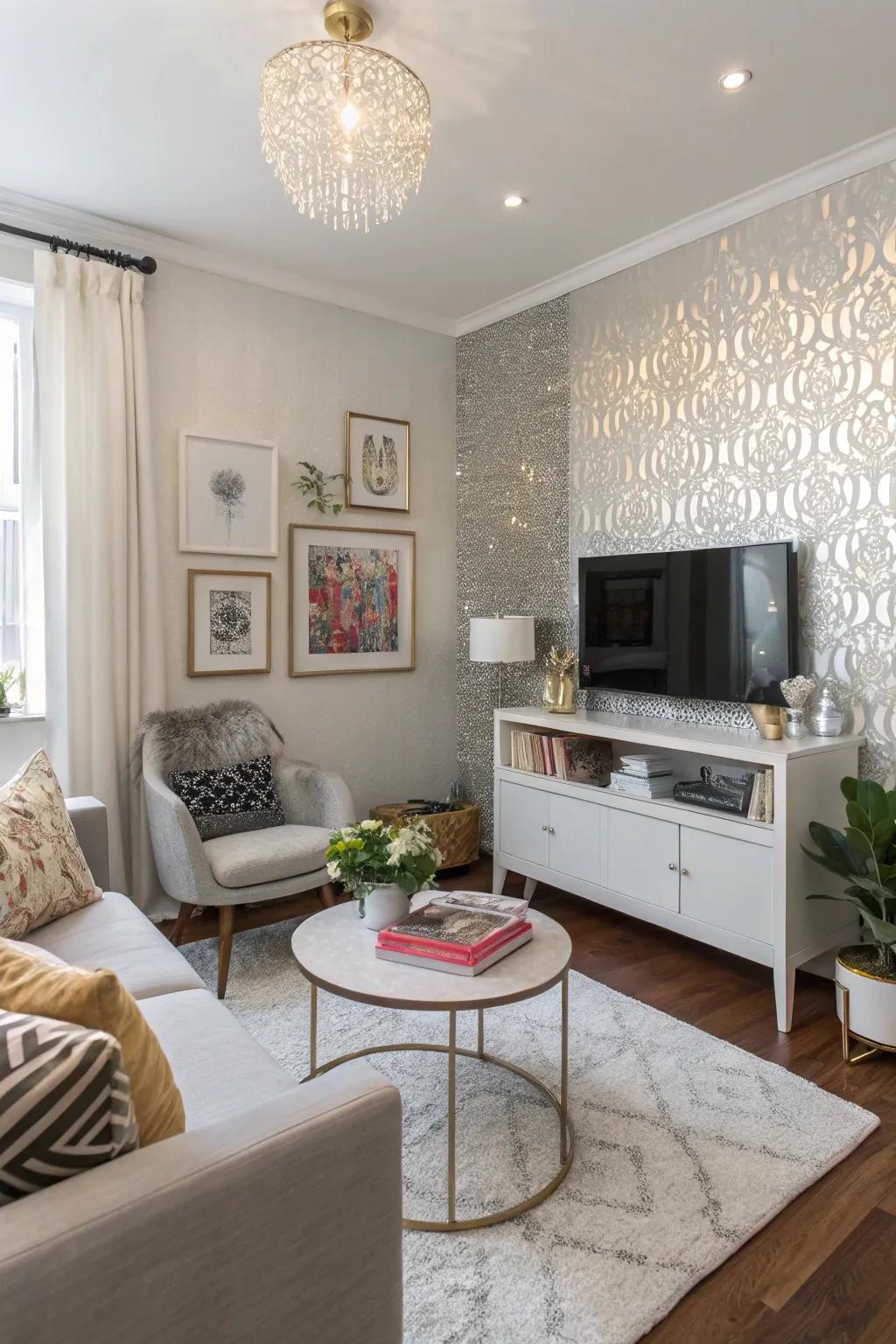 A small living room using a lustrous wall to add glamour.