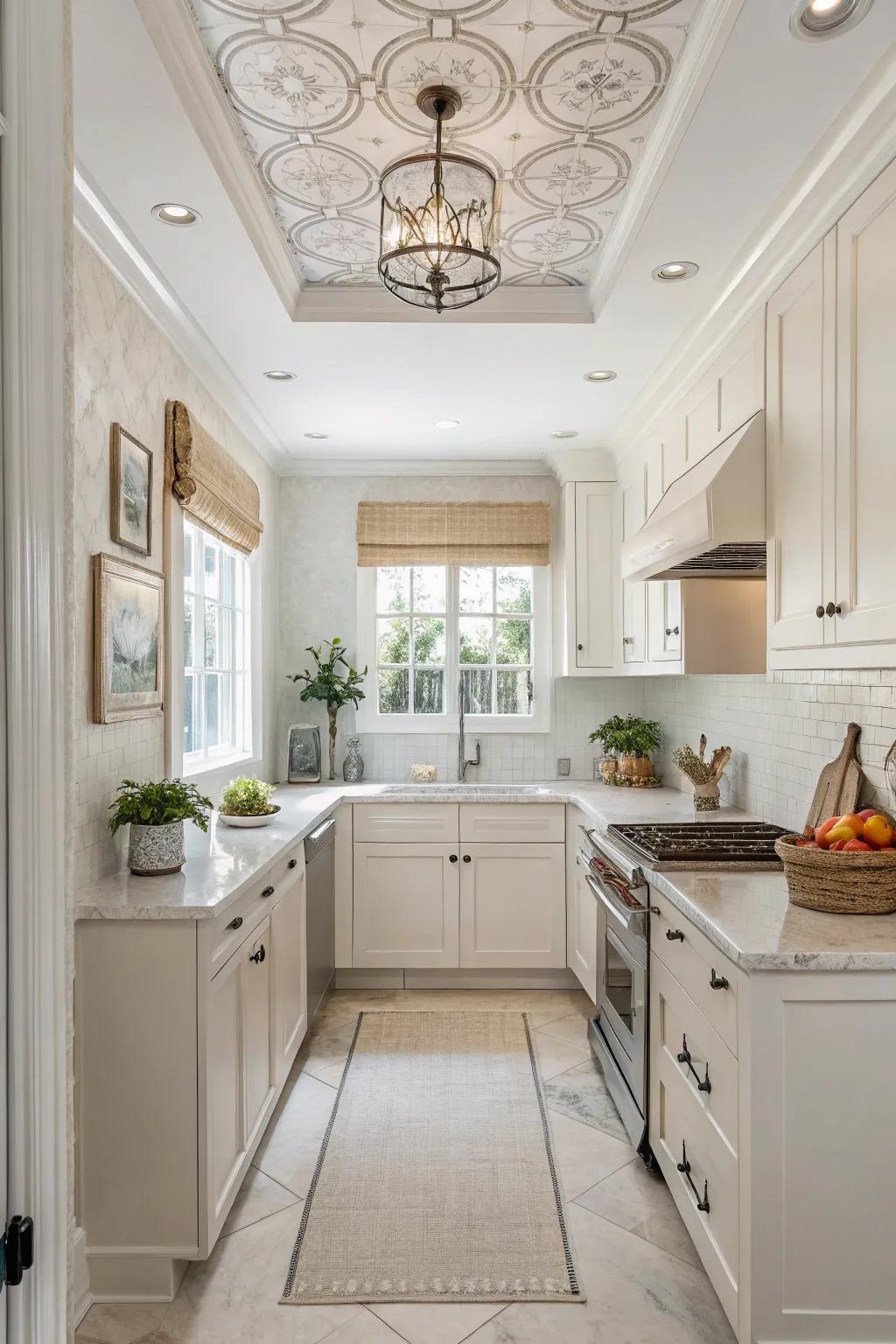 Layered ceilings add understated elegance and depth to small kitchens.