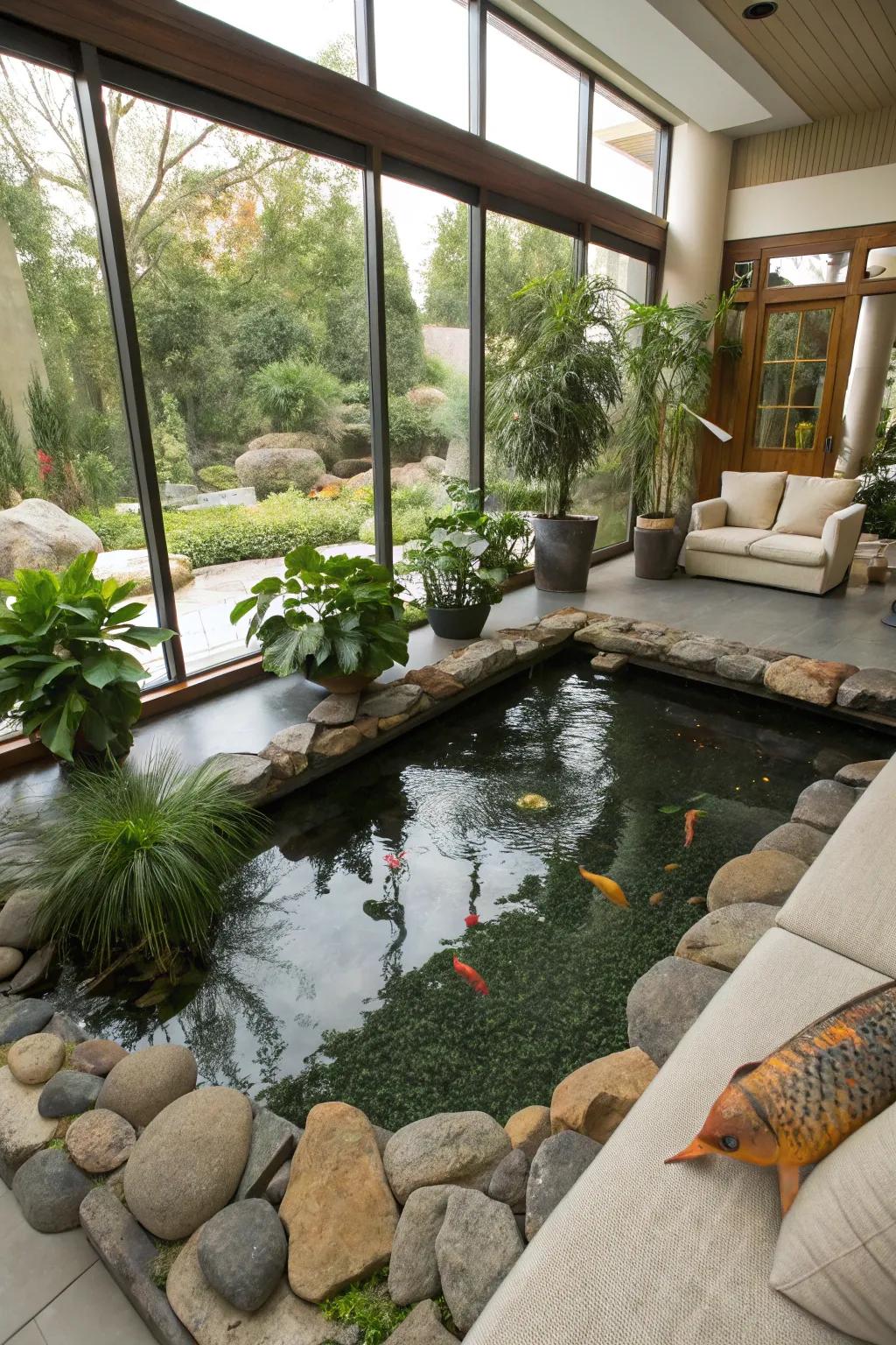 An indoor koi haven brings nature's beauty inside the home.