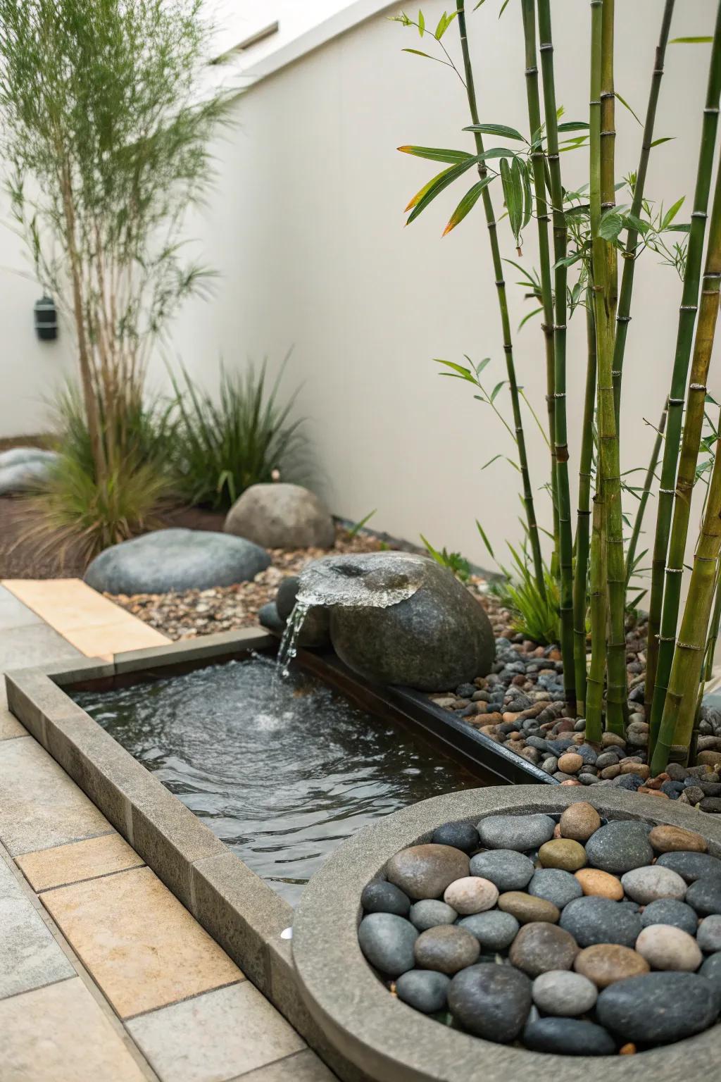 A meditative nook provides a calming retreat in a limited garden arrangement.