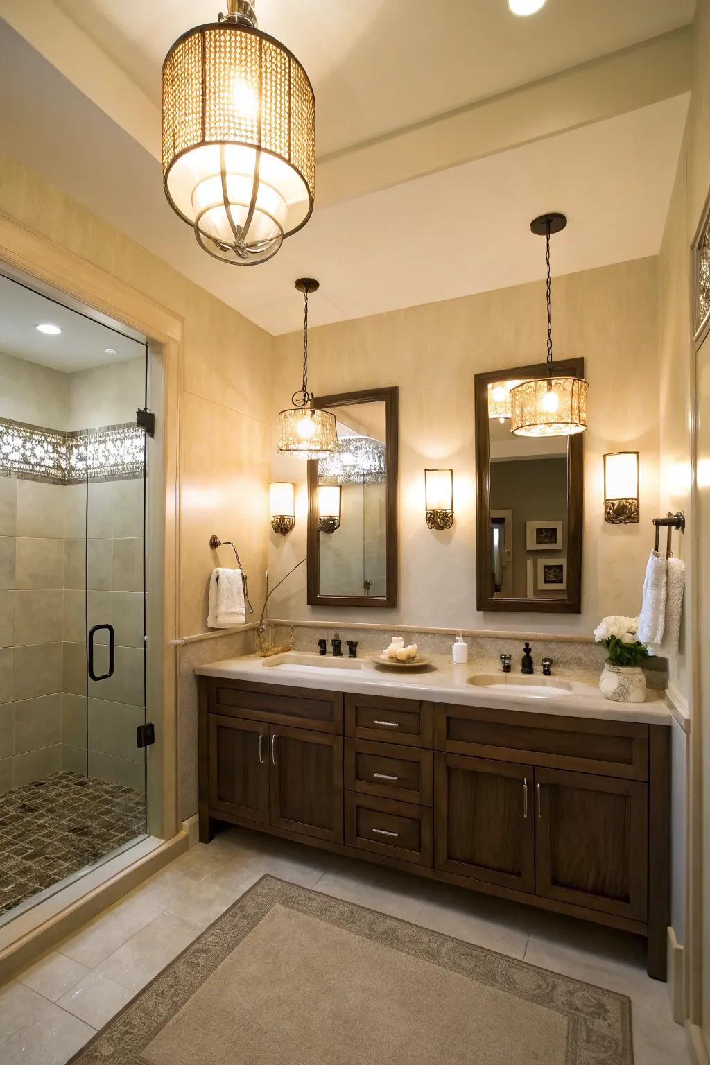 Layered lighting enhances the atmosphere and adds elegance.