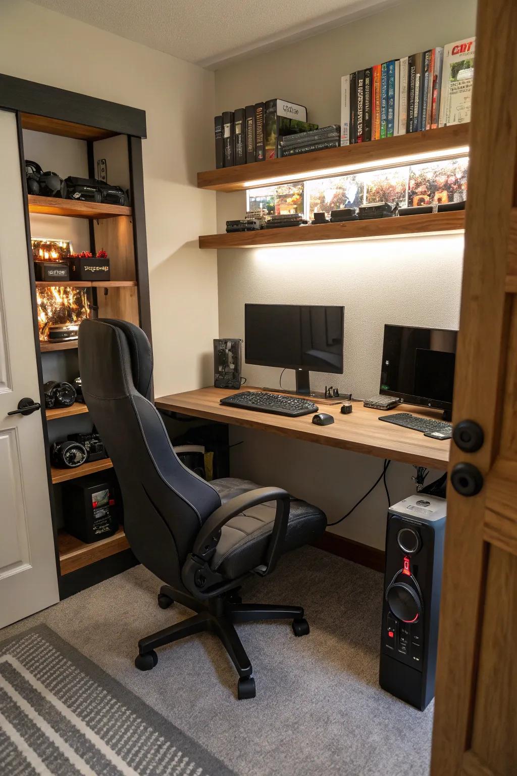 A gaming center with a chair made for gaming turns the area into a gamer's dream.