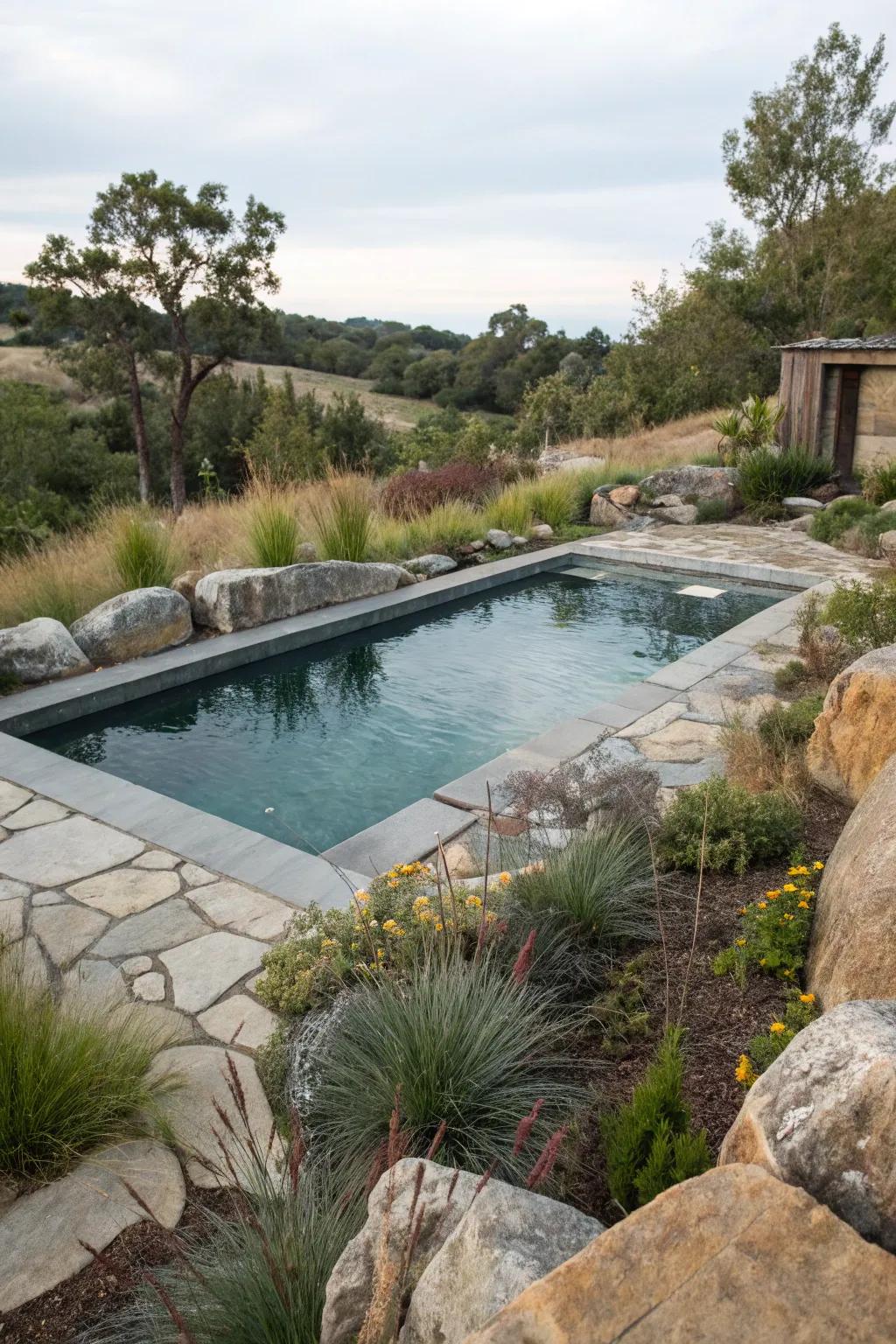 Natural landscaping seamlessly blending with the pool.