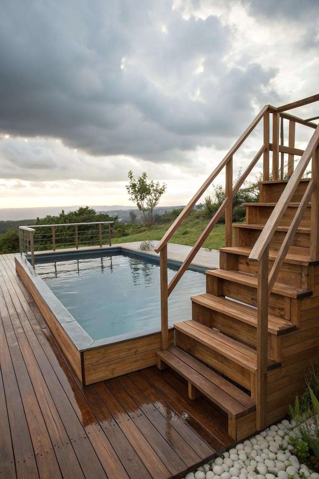 A small above-ground pool with easy access and charm.