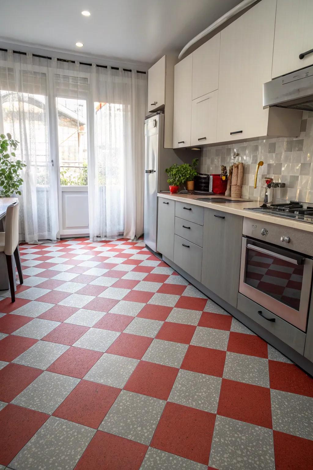 Retro-inspired grey and red patterned flooring adds playfulness.