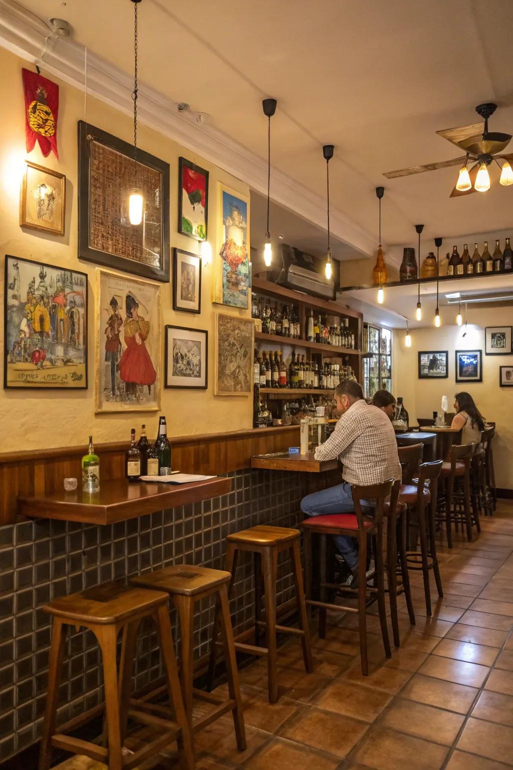 Local art appends unique persona and allure to a small restaurant bar.