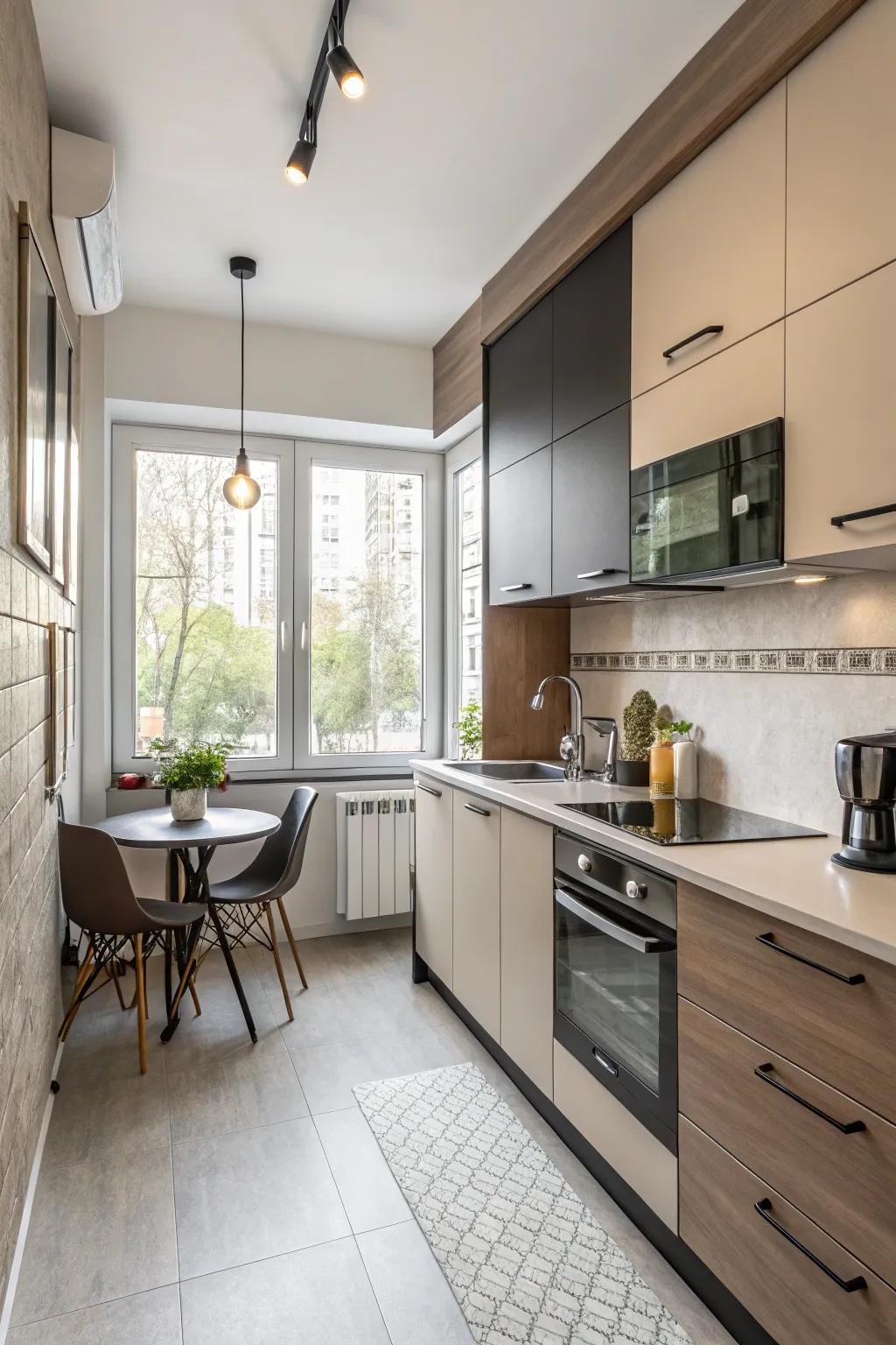 Two-tone cupboards add a vibrant touch to compact kitchen designs.
