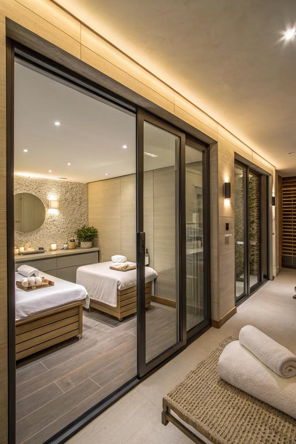 Space-saving pocket doors in a spa space