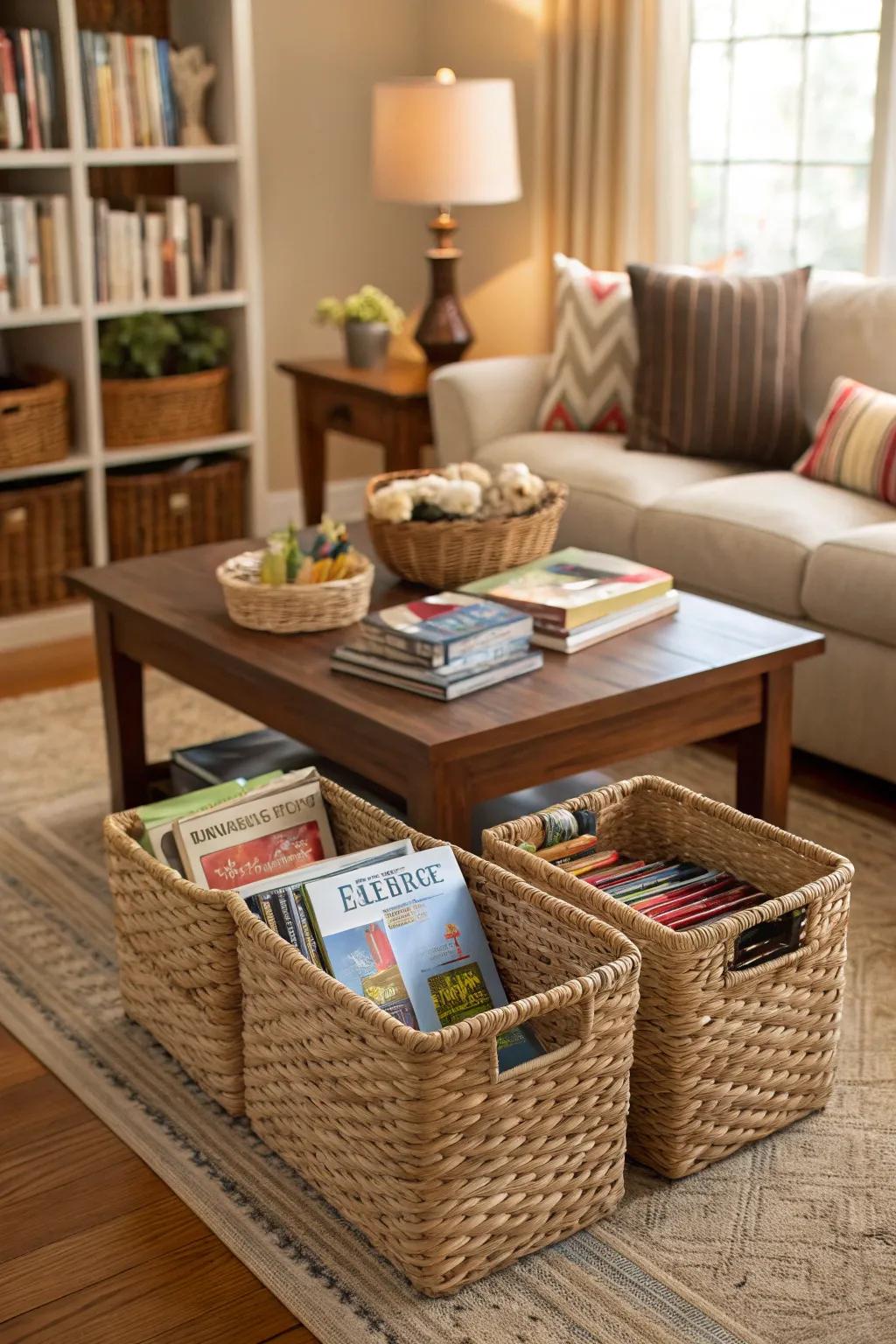 Decorative baskets in a living room provide stylish storage.