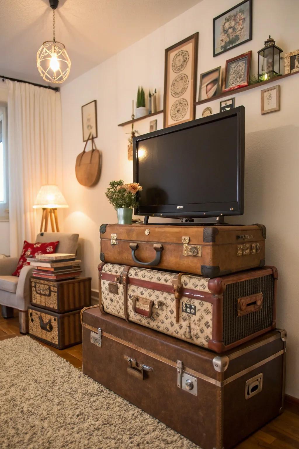 Old-fashioned suitcases add appeal and storage options.