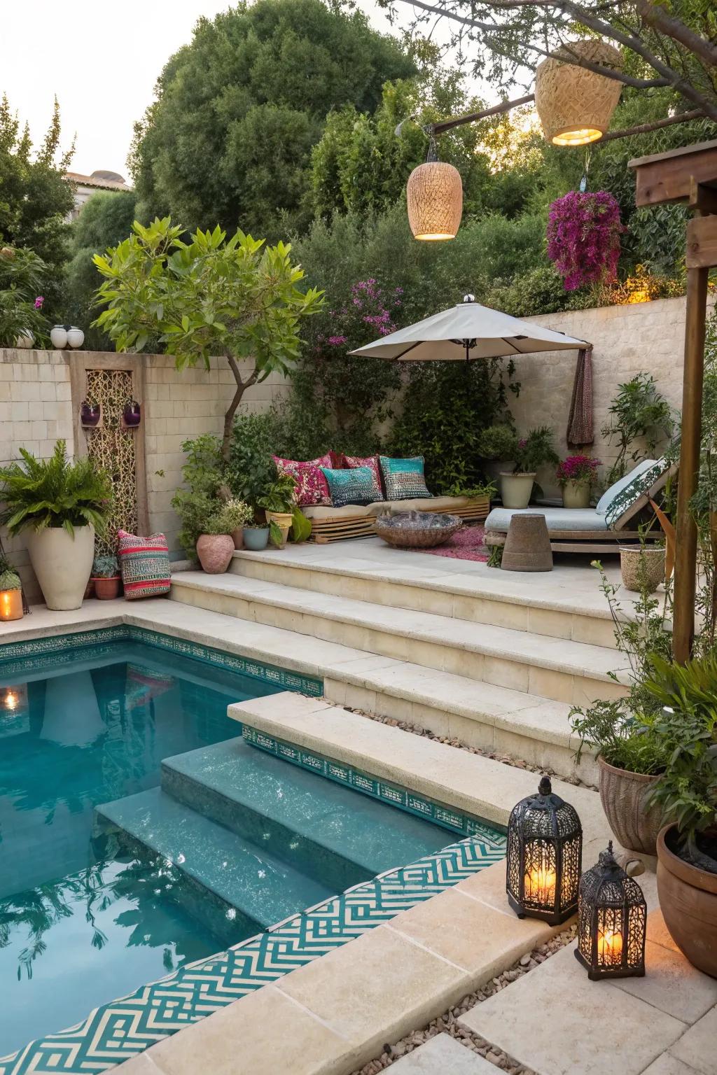 Dual-purpose stairs for seating and lounging.