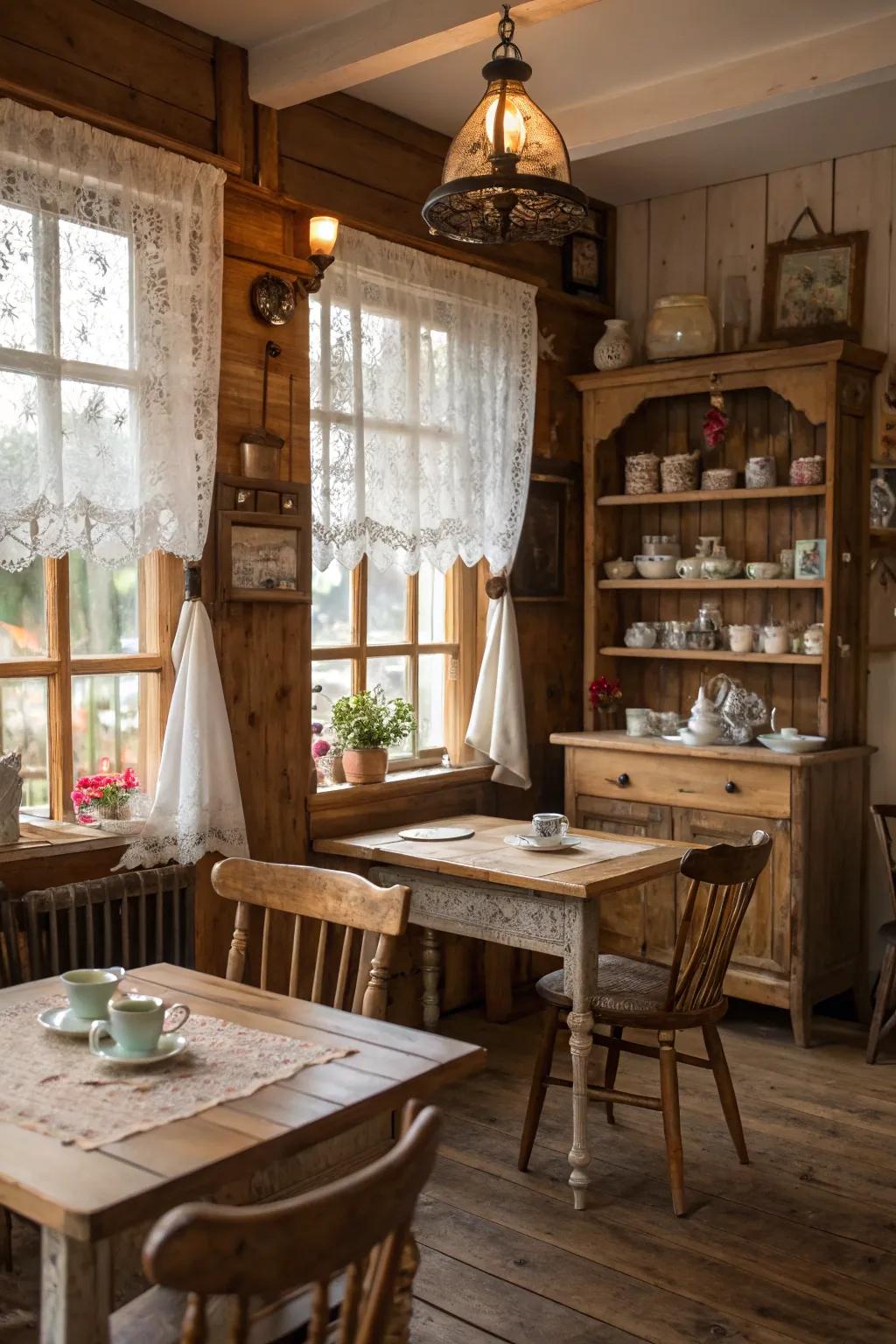 Repurposed wood adds texture and lasting style to your tea room.
