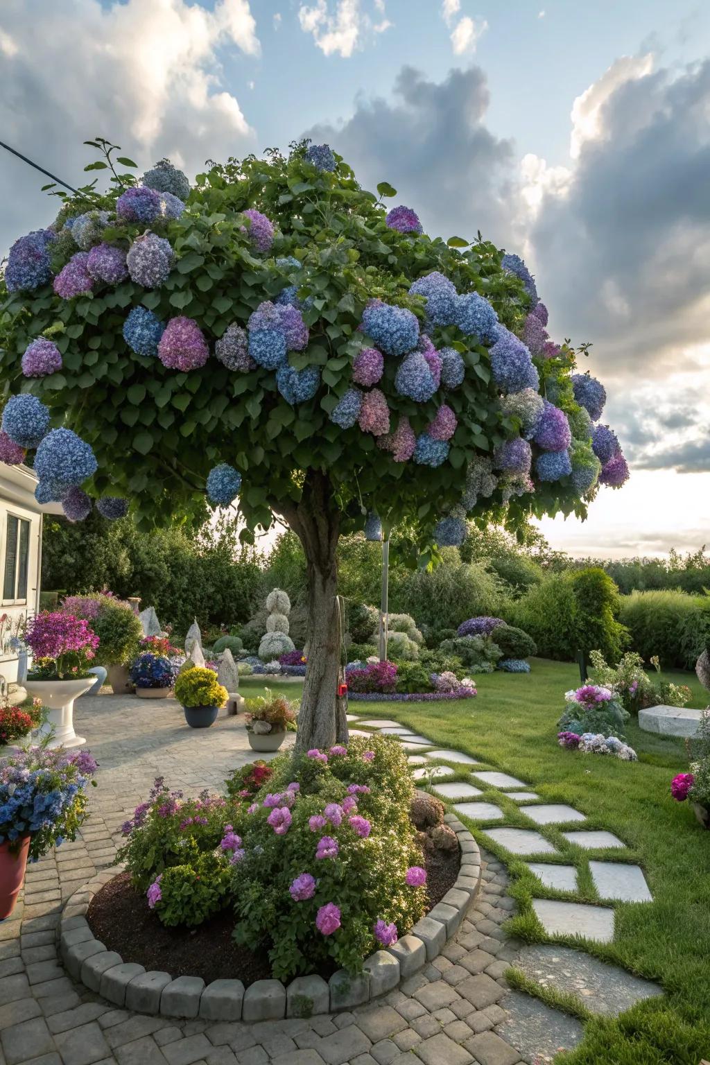 Drooping snowball bush offering a whimsical touch with its blooms.