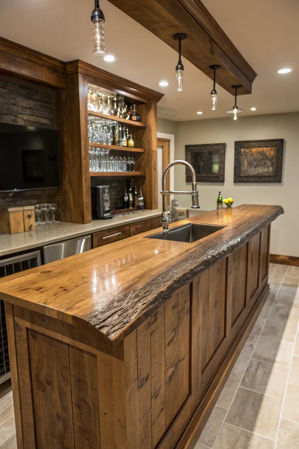 In a compact wet bar, naturally shaped wood is used as a point of emphasis.