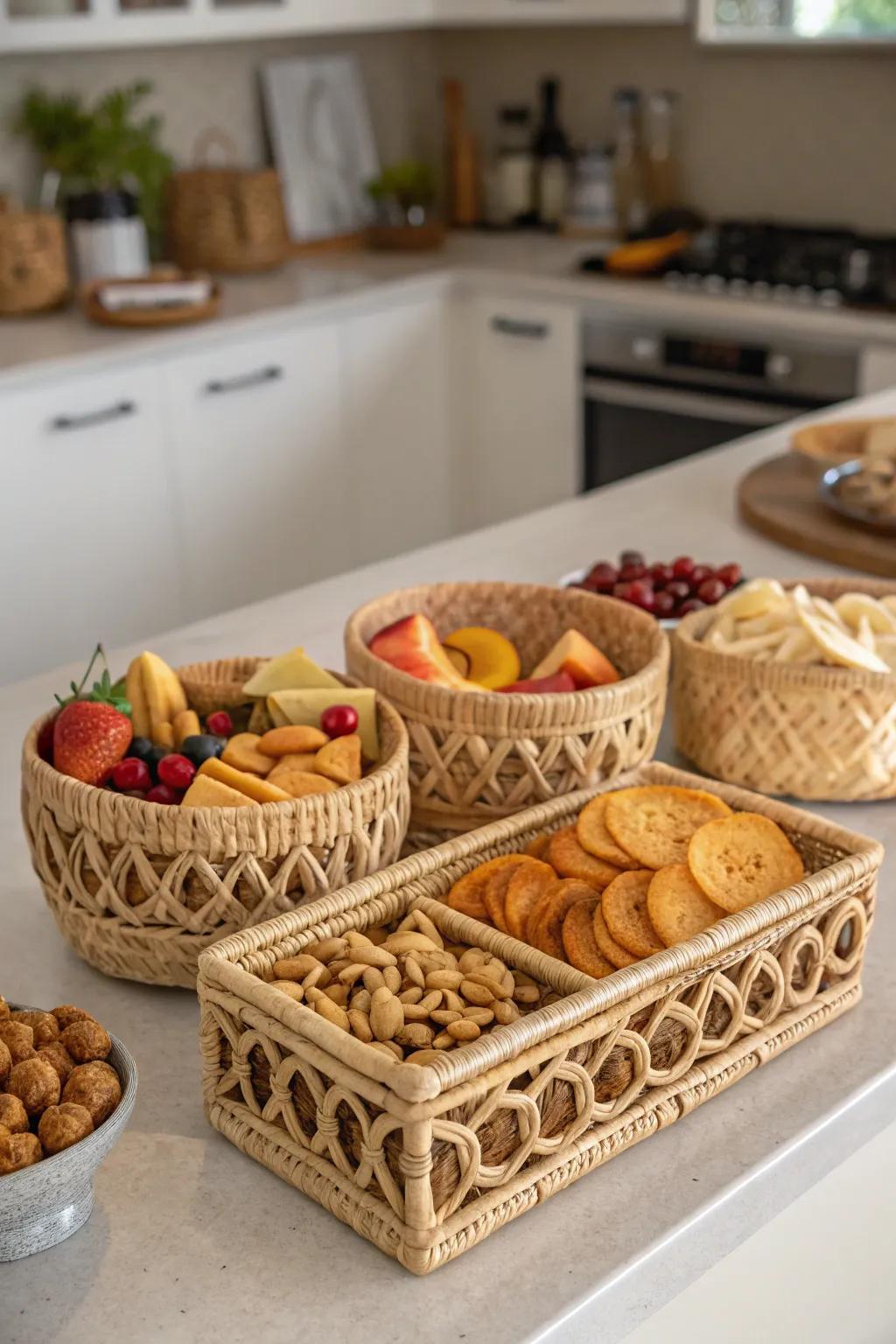 Ornamental baskets combine style and functionality in snack storage.