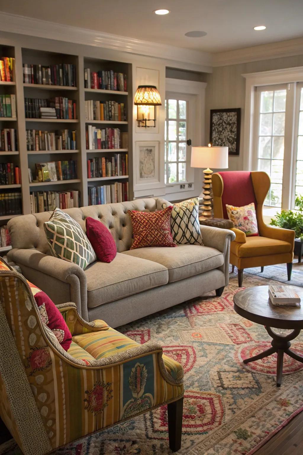 Mixing multiple styles of seats around a chesterfield adds eclectic charm.