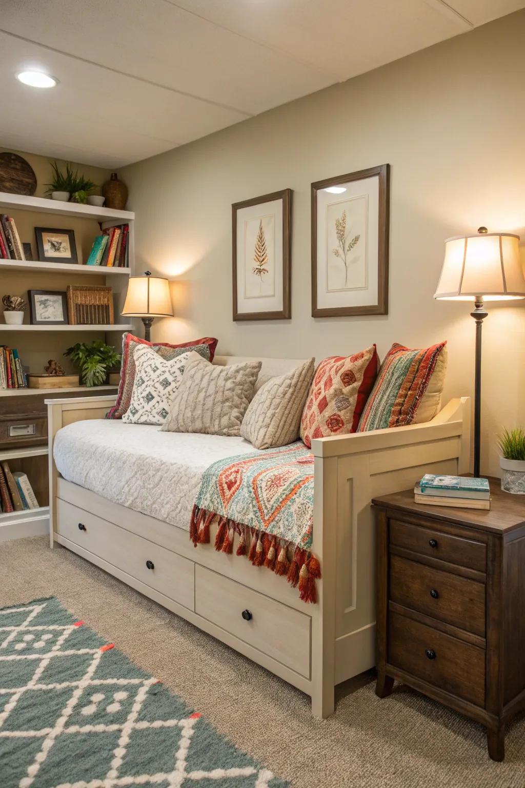 A daybed provides flexible seating in a small living room.