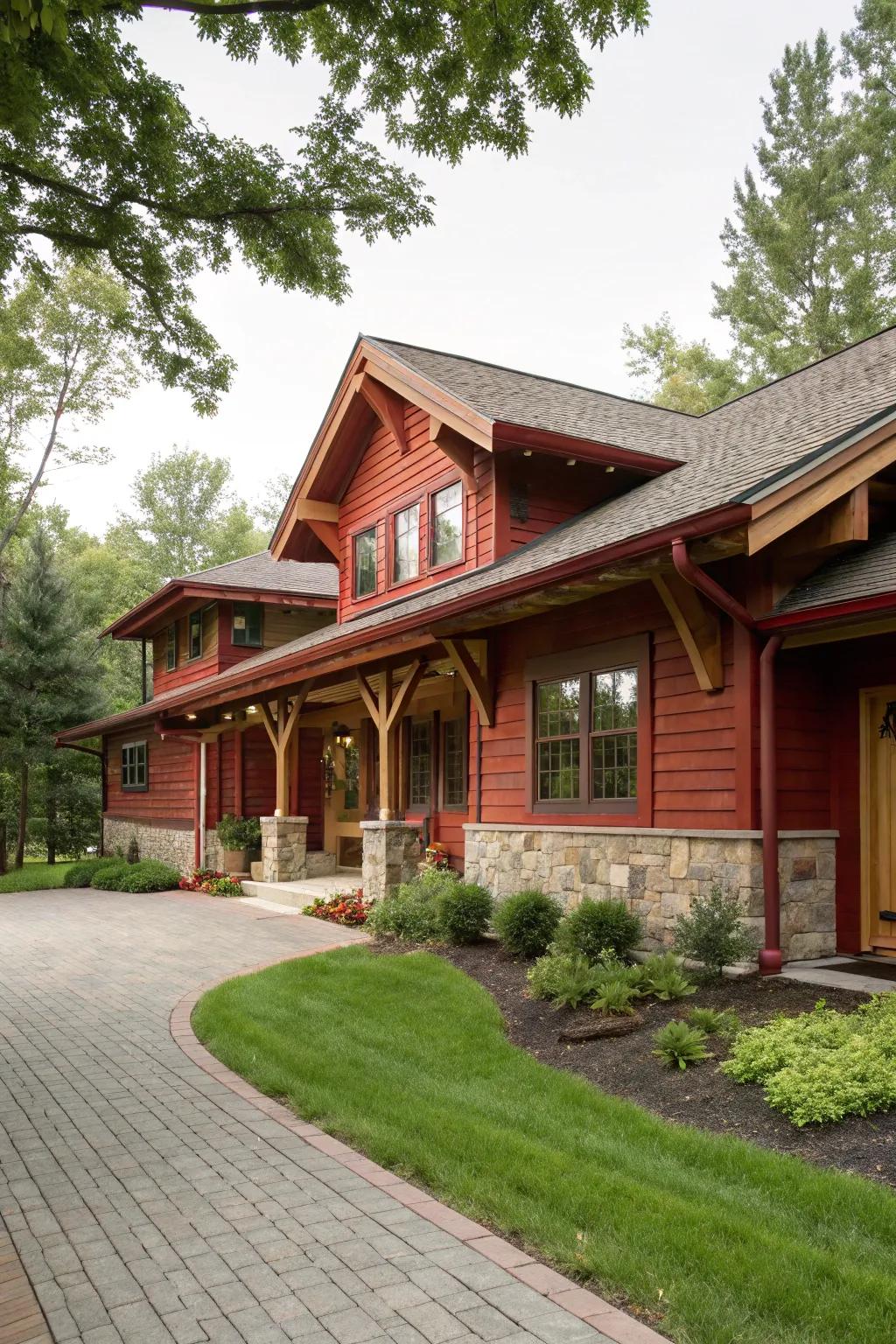 Rustic red and wood create a warm, homey exterior.