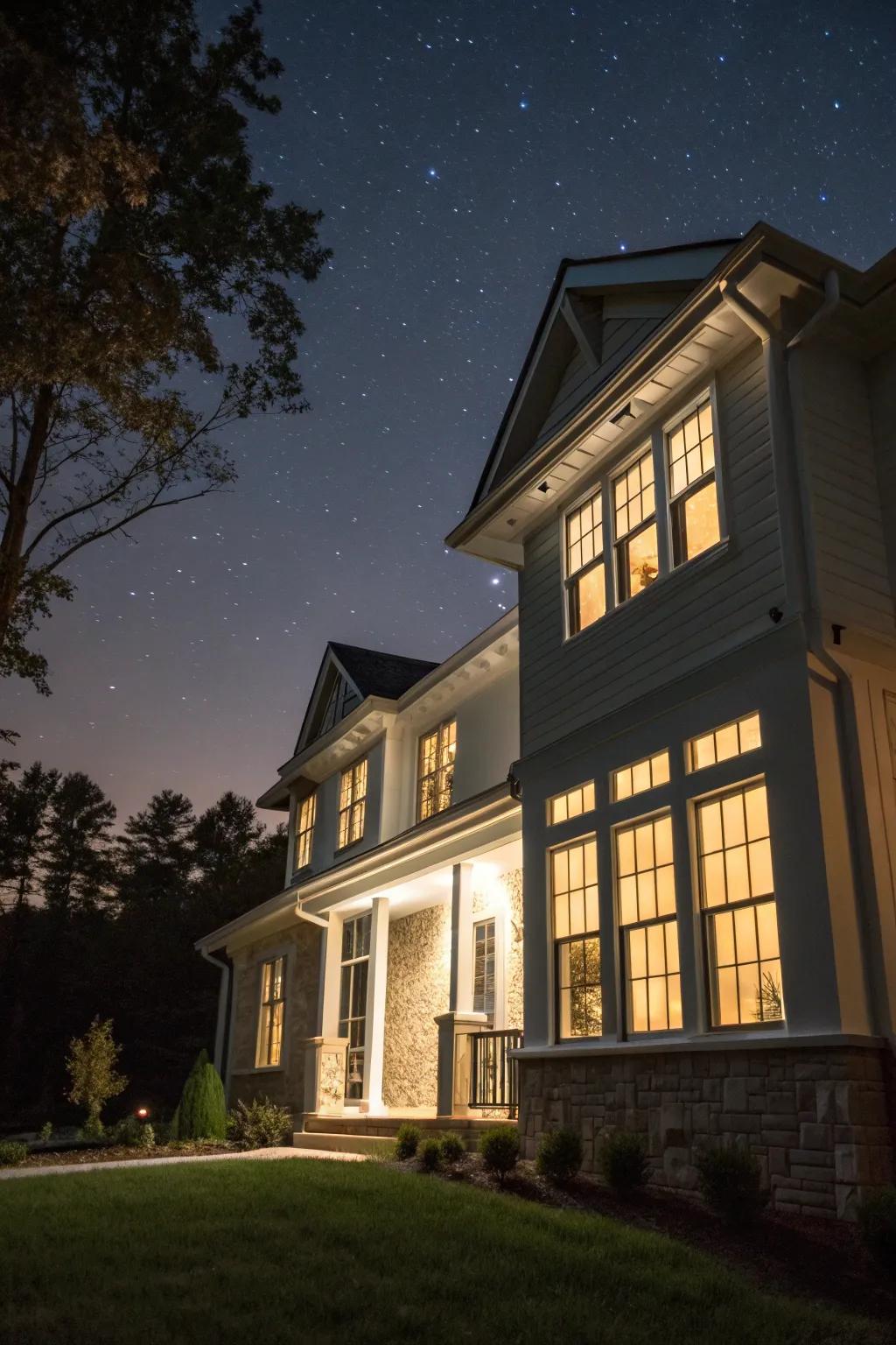 Subtle hidden lighting elegantly highlights a home's windows at night.