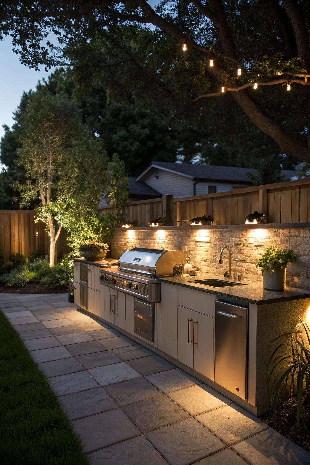 Solar under-counter lighting enhances outdoor kitchen functionality.