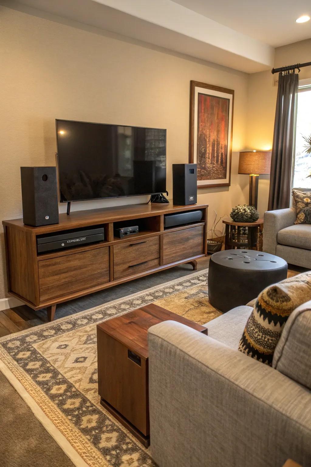 Audio bar incorporated into custom furniture for a seamless look.