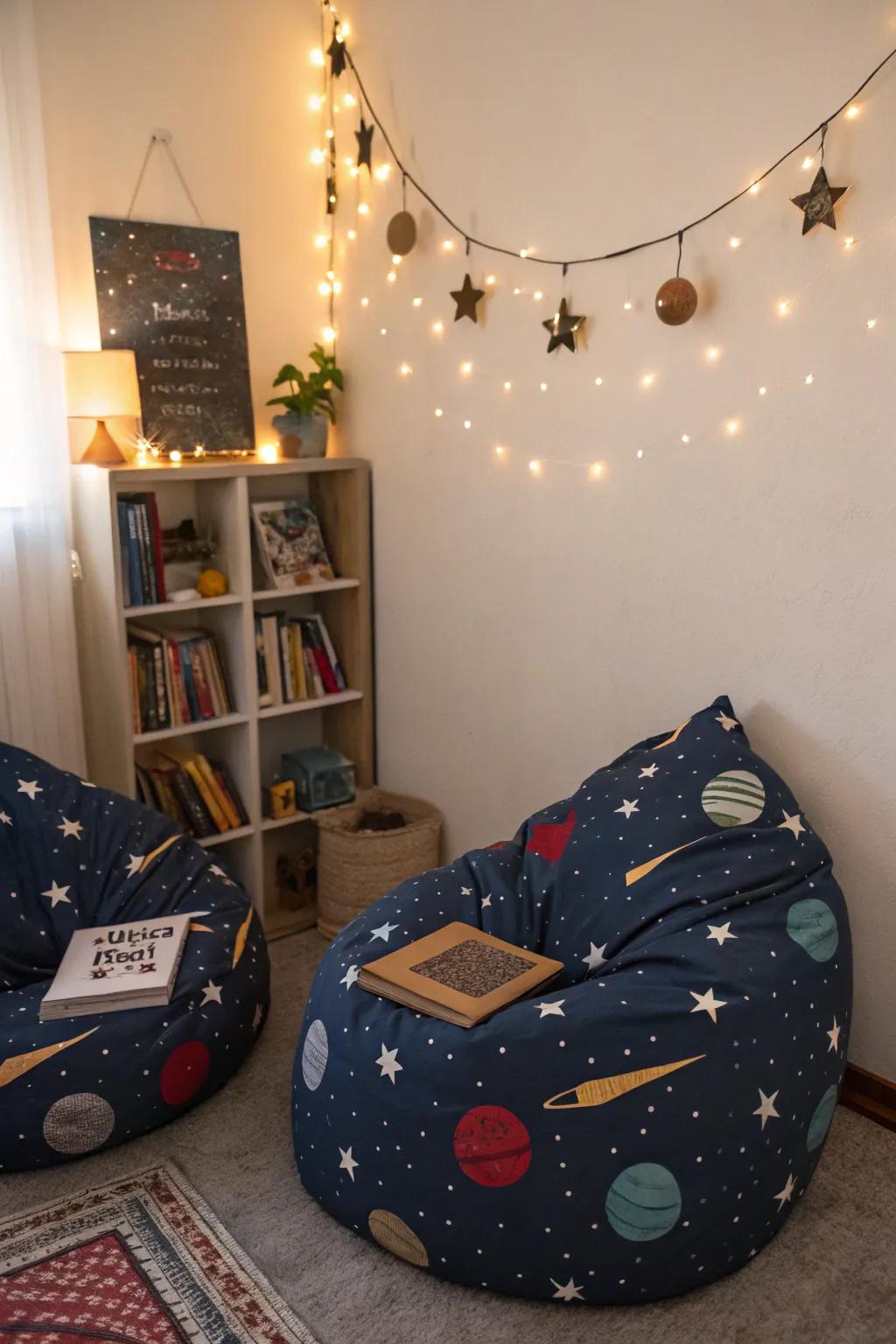Galaxy inspired loungers produce a cozy spot for unwinding.