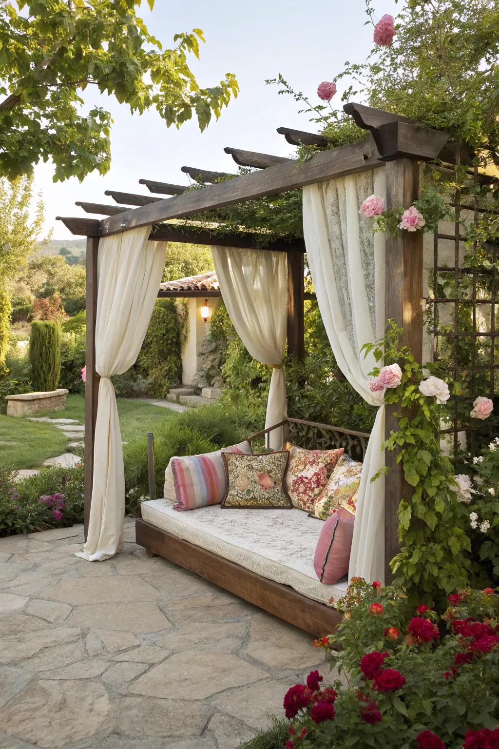 A lounger provides a relaxing getaway beneath the pergola.