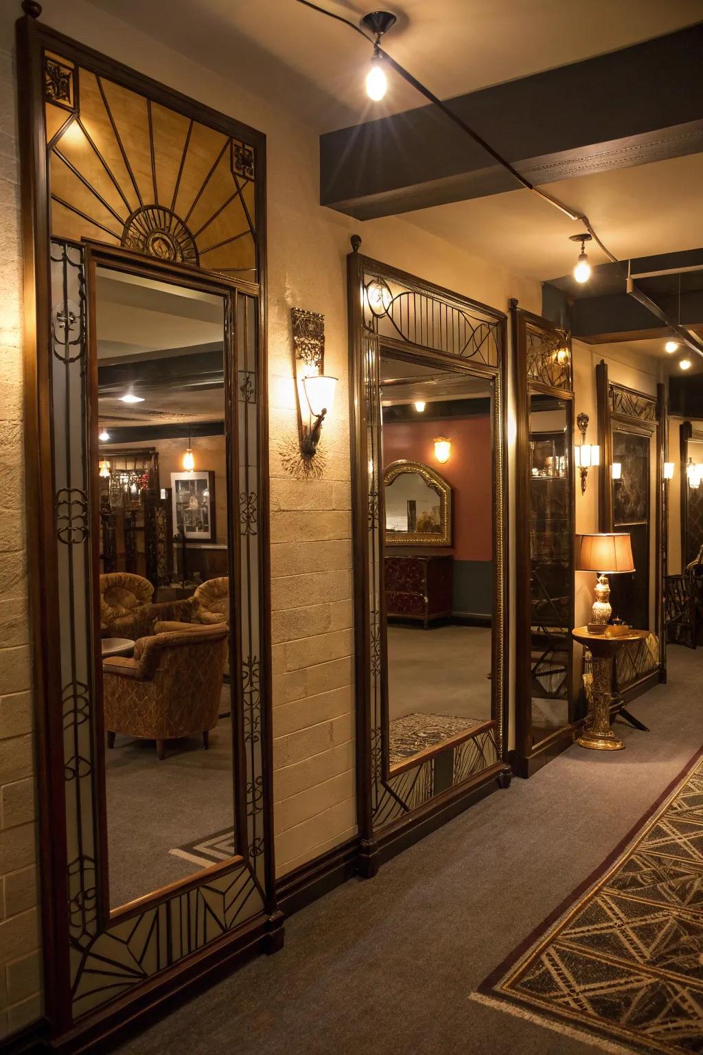 Art deco mirrors incorporate a glamorous nuance into your speakeasy.