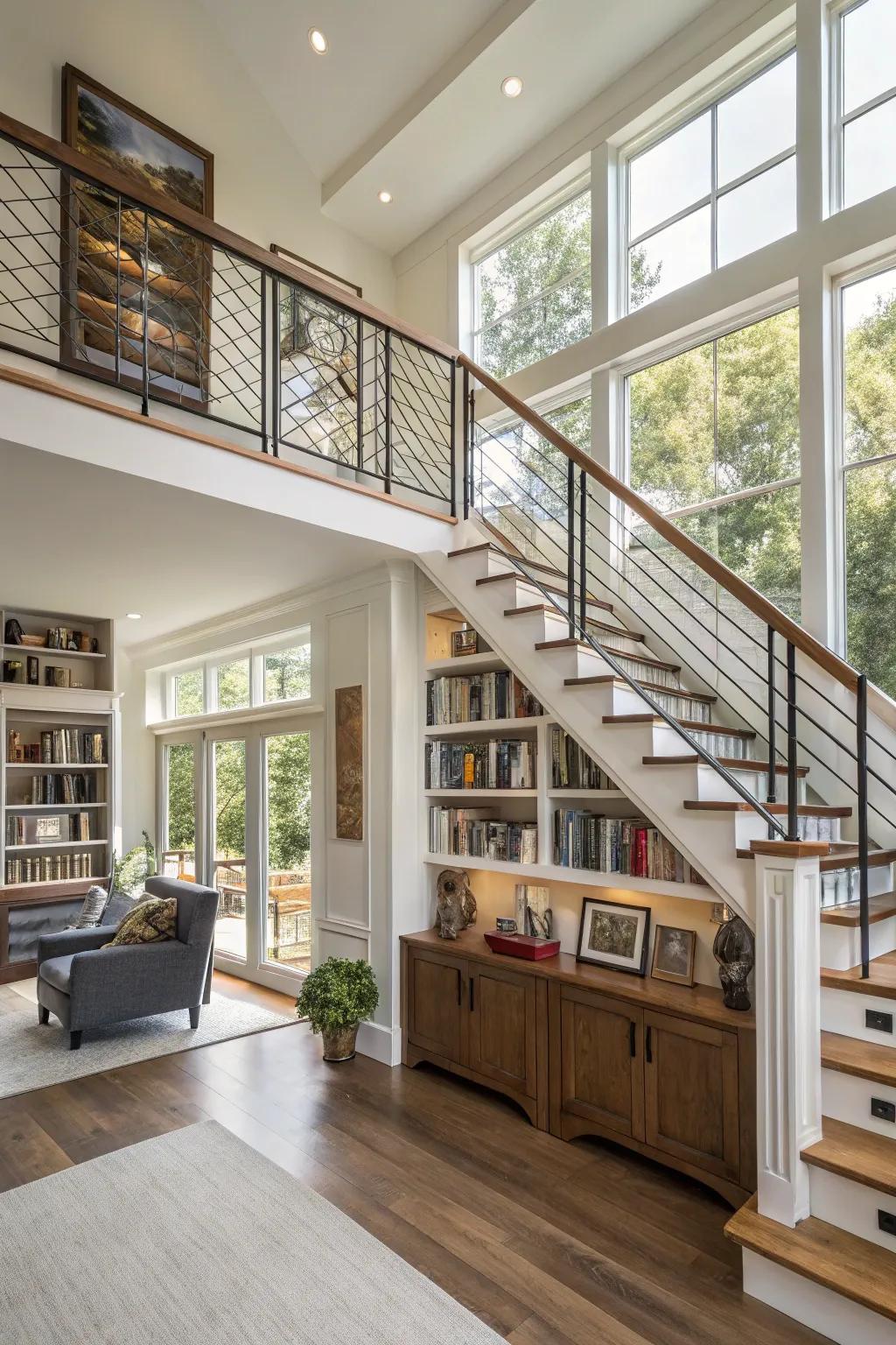 Integrated shelving within railing blueprint appending functionality to a split-level abode.